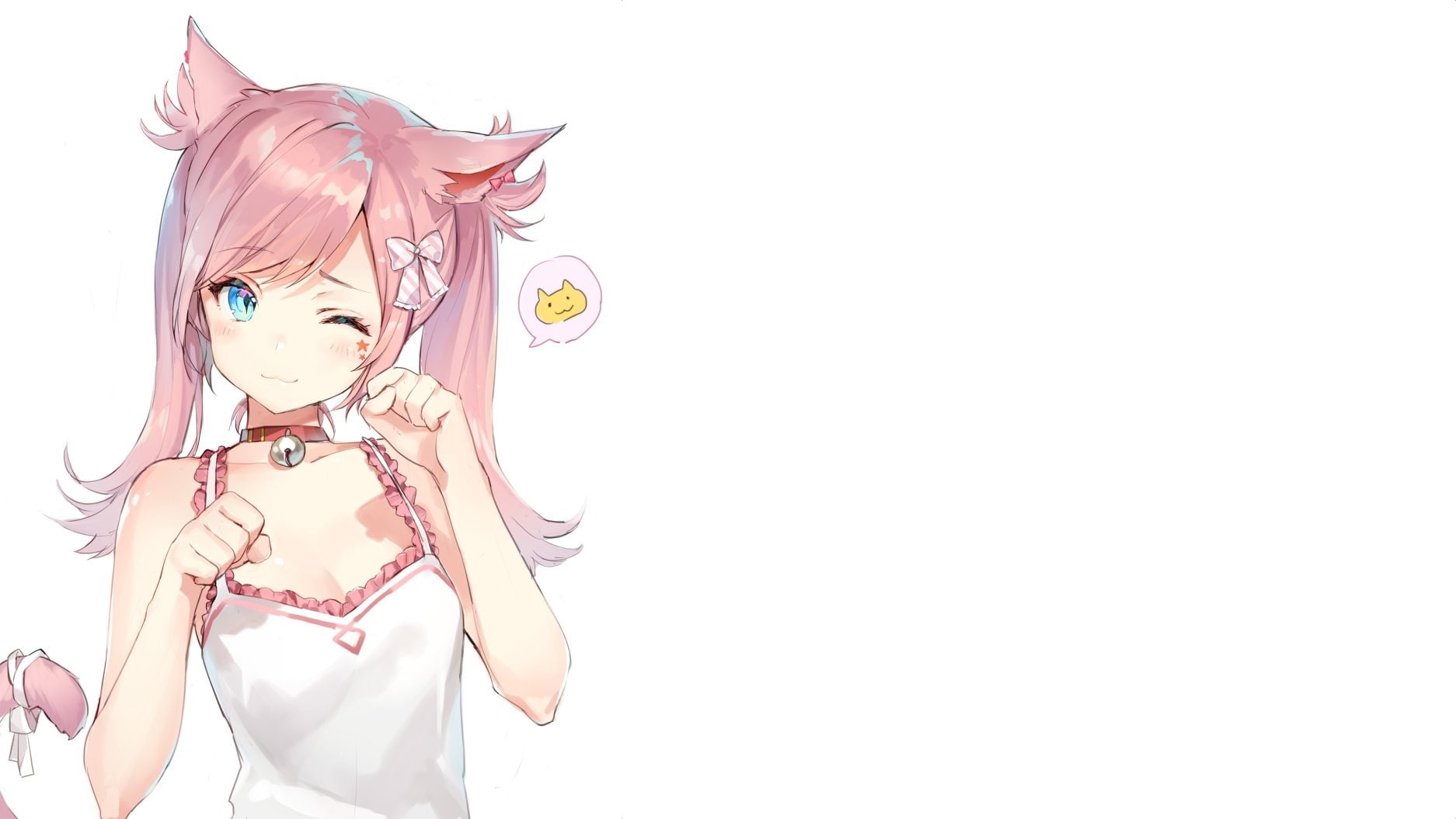 com, konachan, bell, aqua, tail, collar, (momopoco), twintails, momoko, long, animal, 720P, 247670, ears, catgirl, eyes, pink, hair, white, wink, original, HD Wallpaper