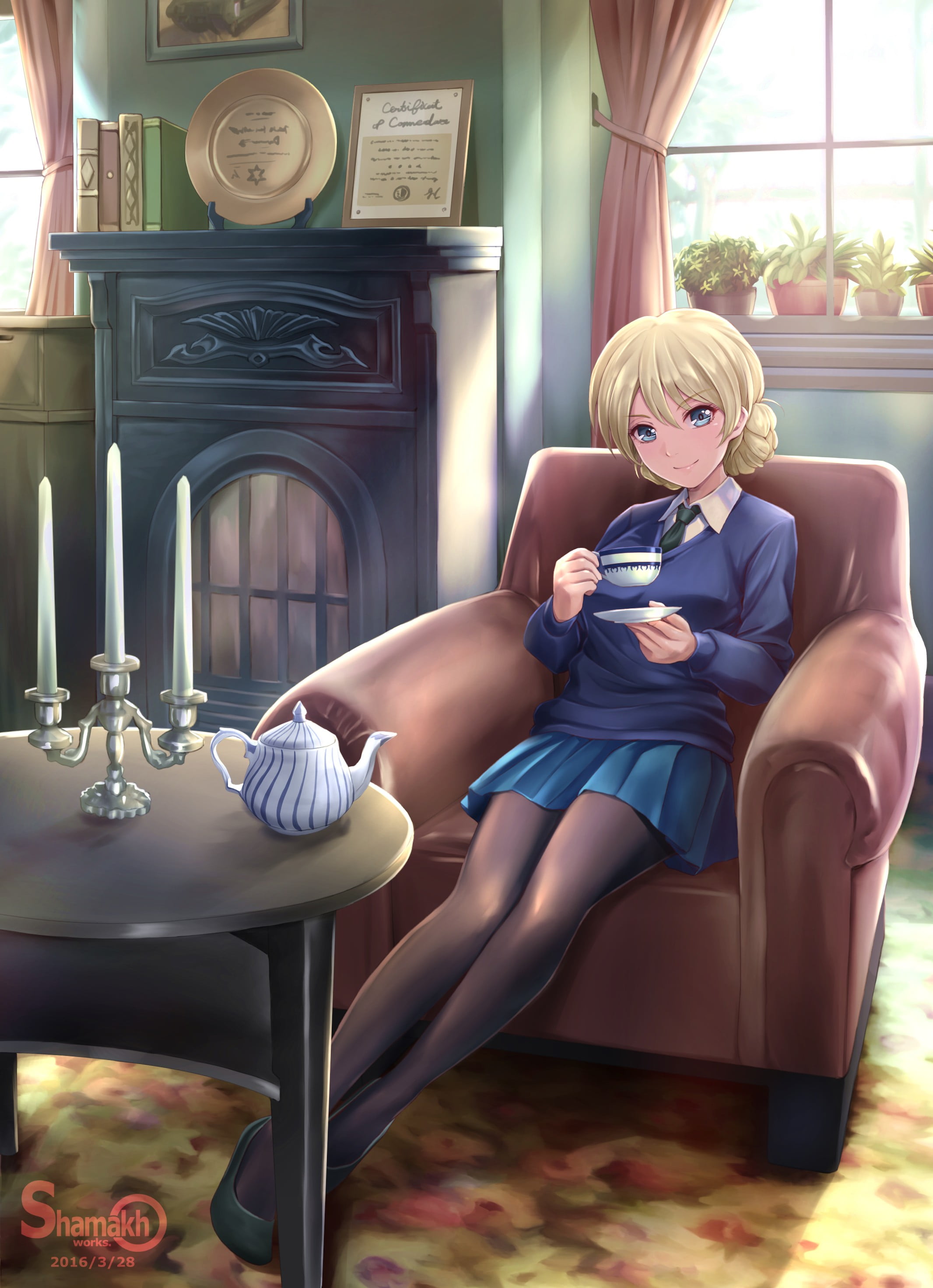 fashion, food and drink, blonde, 2K, Darjeeling, women, glamour, watermarked, chair, Girls und Panzer, beautiful woman, technology, sitting, blond hair, Phone HD Wallpaper