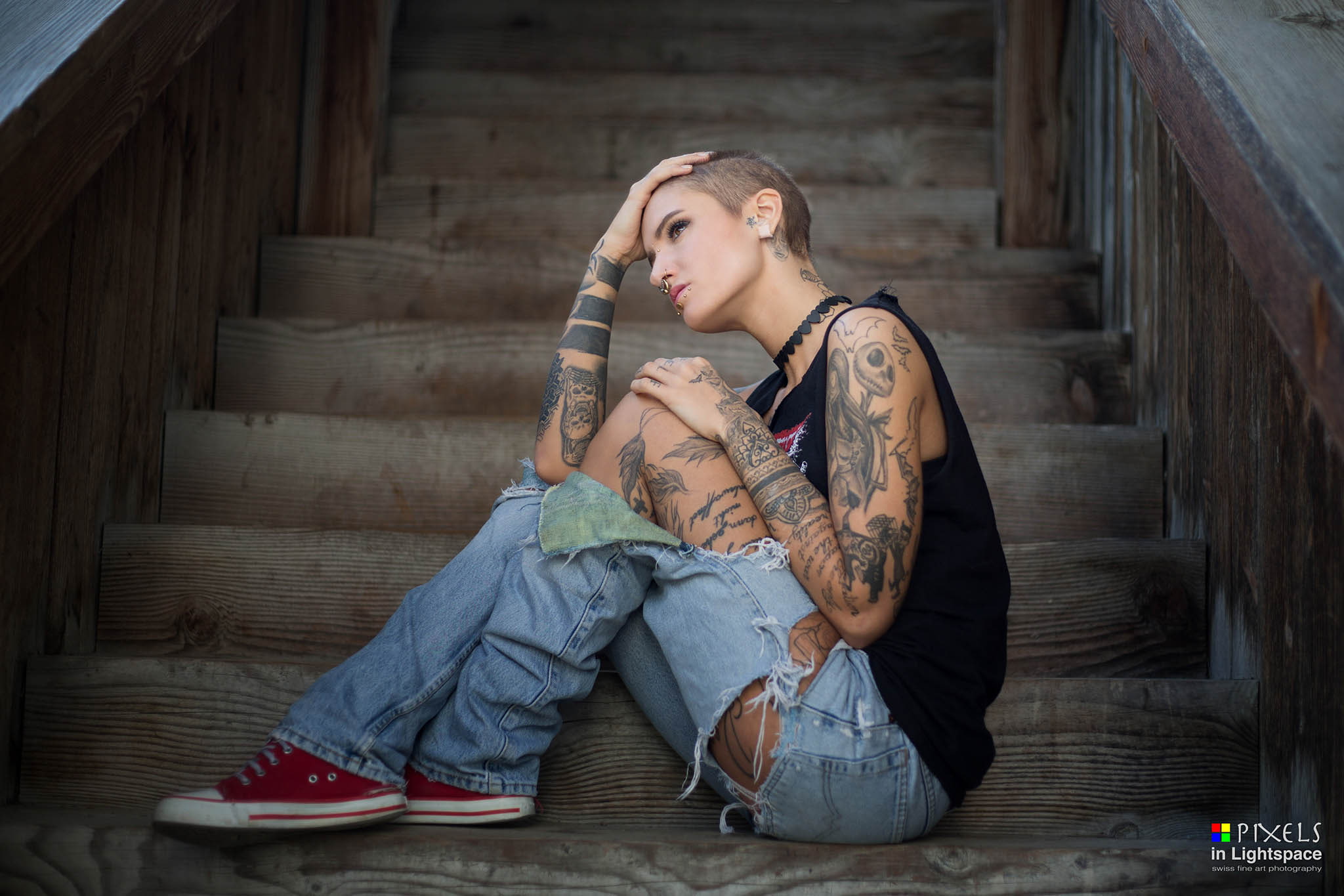 short hair, tattoo, watermarked, adult, jeans, hairstyle, casual clothing, 1080P, front view, young women, women, beauty, beautiful woman, sitting, full length, HD Wallpaper