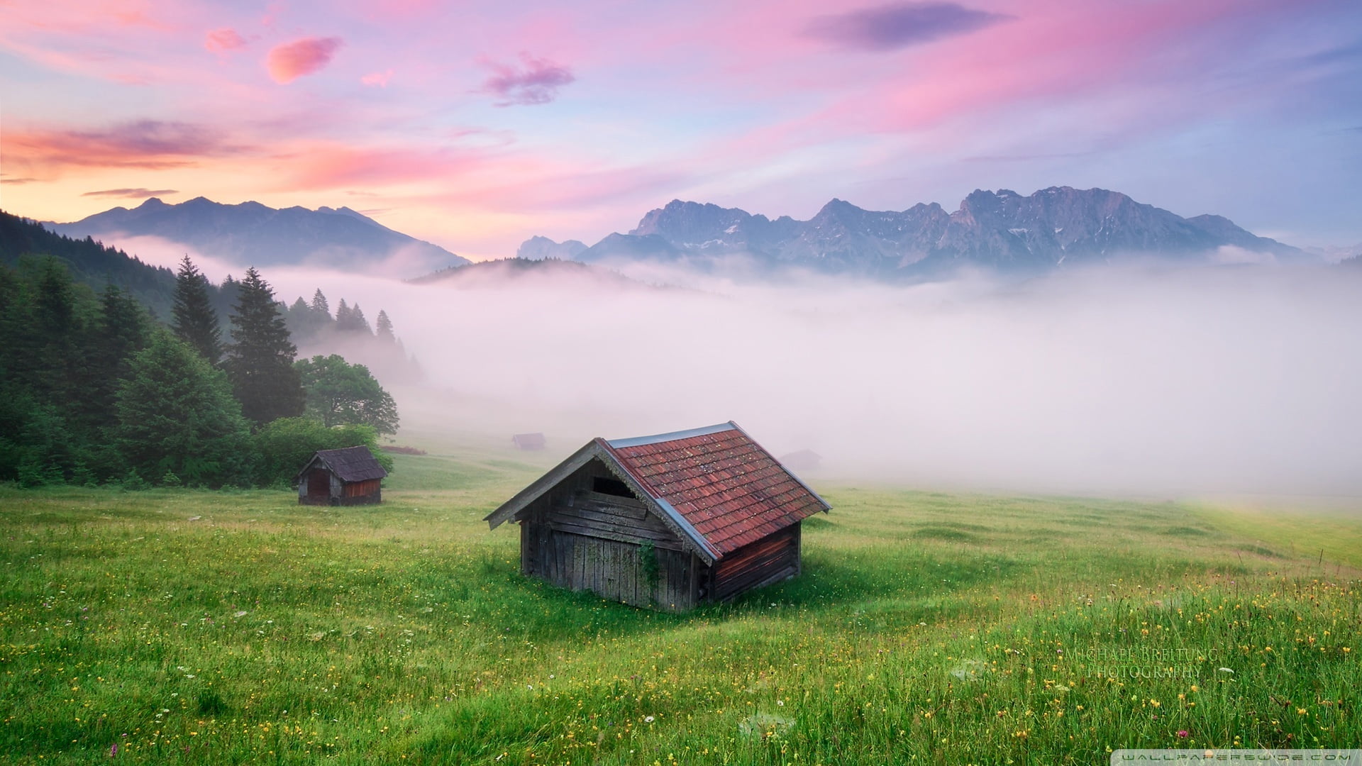 red, grass, plant, environment, mountain, tranquility, landscape, fog, no people, built structure, scenics - nature, field, architecture, hut, valley, building exterior, HD Wallpaper