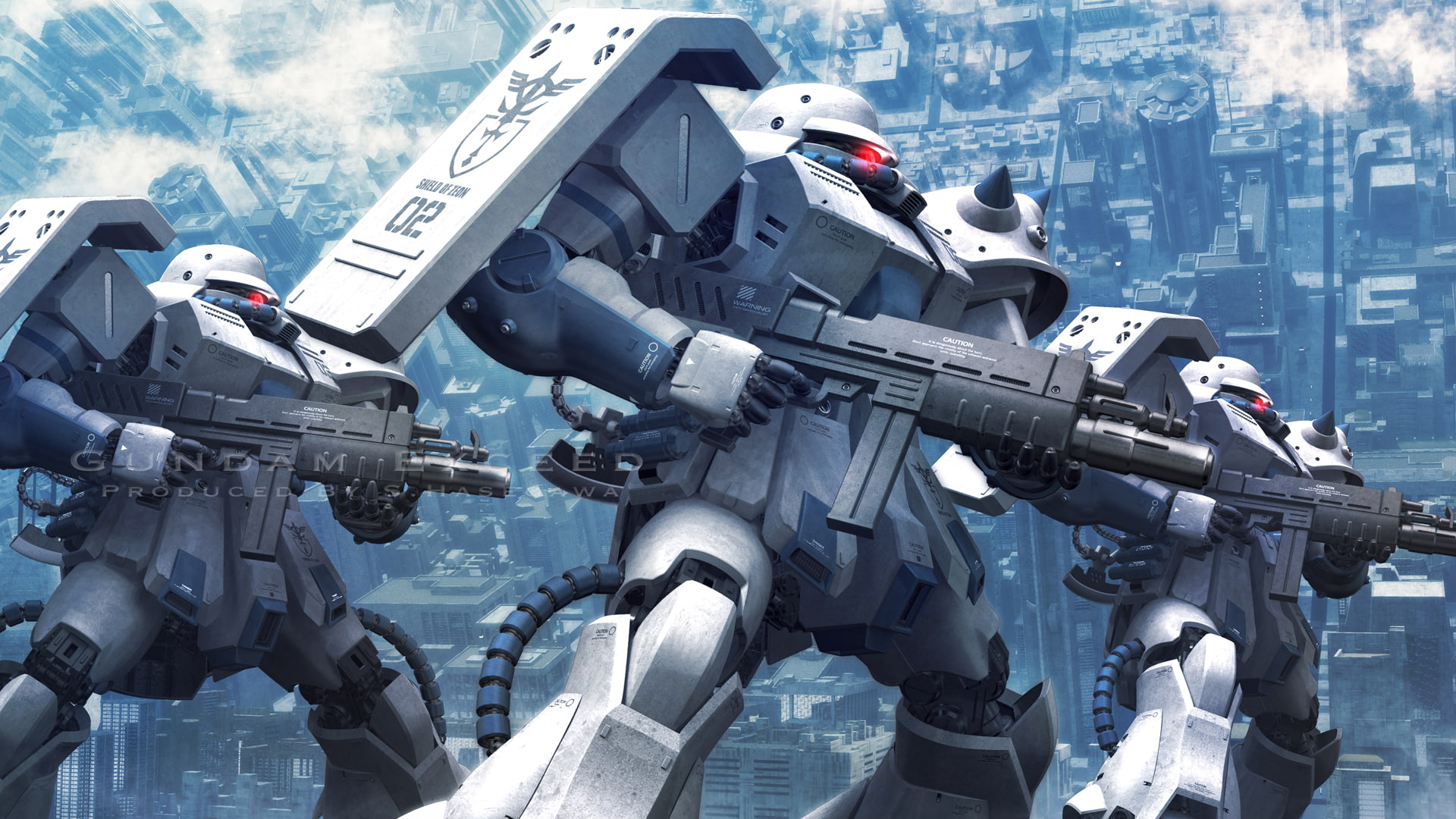 robot, suit, 253557, hasegawa, konachan, clouds, 1080P, city, mobile, building, com, gundam, weapon, watermark, gun, HD Wallpaper