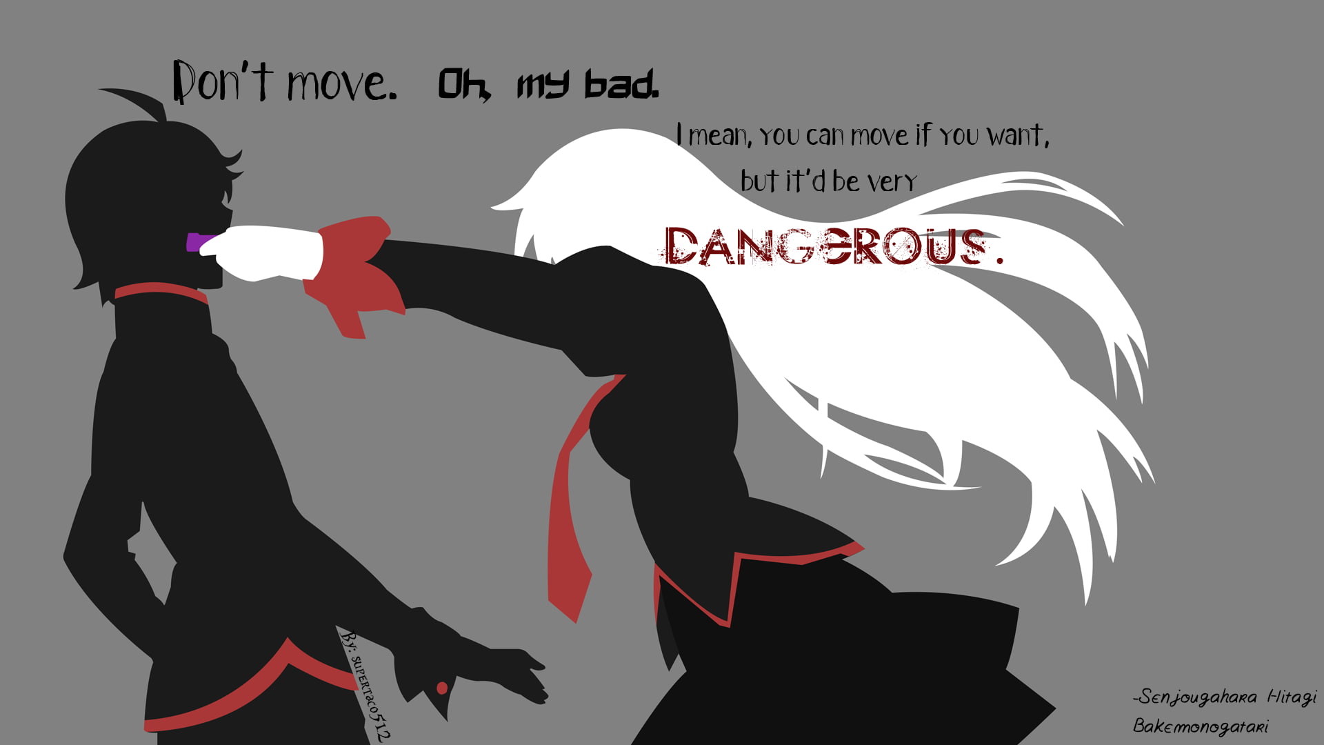 watermarked, Araragi Koyomi, Monogatari Series, positive emotion, anime vectors, two people, Senjougahara Hitagi, men, western script, quote, communication, HD Wallpaper