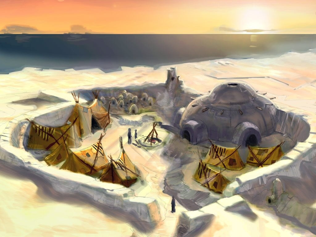 anime, igloo, high angle view, Avatar: The Last Airbender, sunlight, sky, human representation, land, creativity, horizon, 480P, technology, representation, HD Wallpaper