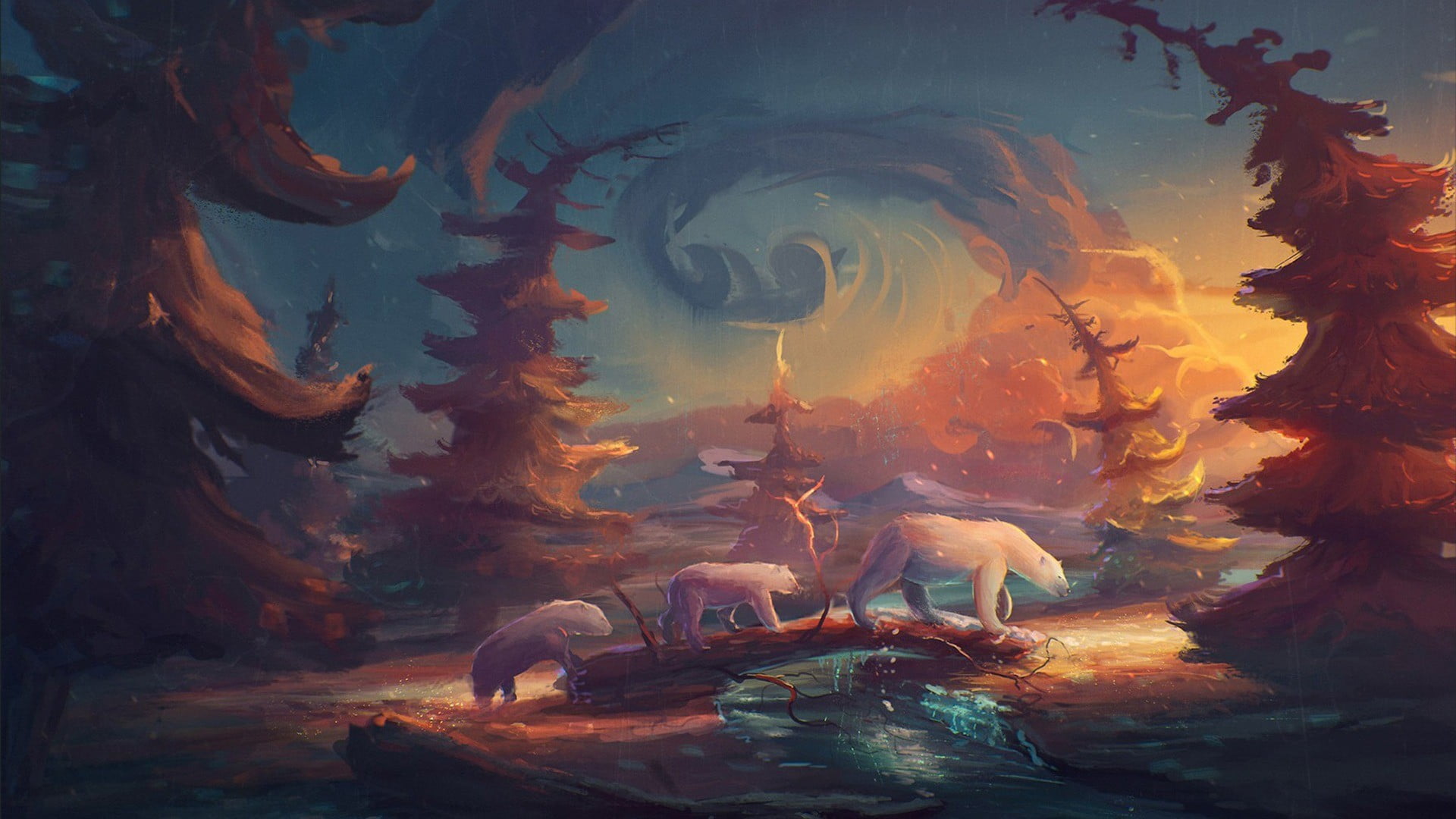 tree, walking, no people, artwork, representation, bear, animal wildlife, digital composite, creativity, water, outdoors, art and craft, bears, full length, HD Wallpaper