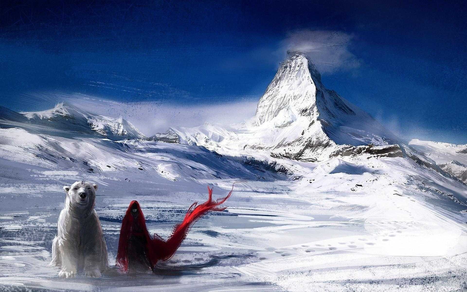 1080P, mountains, artwork, fantasy art, snow, cloaks, polar bears, winter, HD Wallpaper