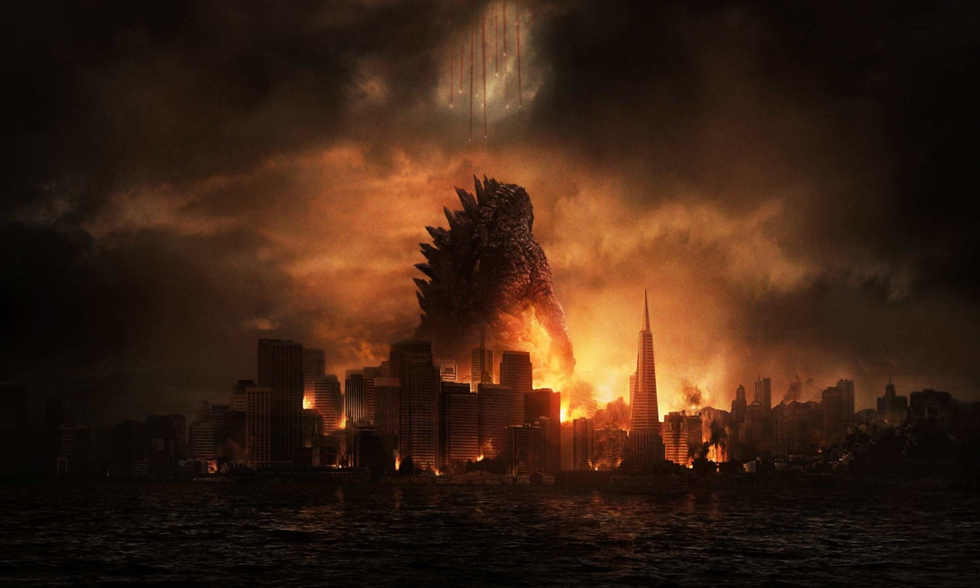 environment, 1080P, office building exterior, landscape, building, dark, no people, nature, sea, skyscraper, Godzilla, motion, sky, urban skyline, HD Wallpaper