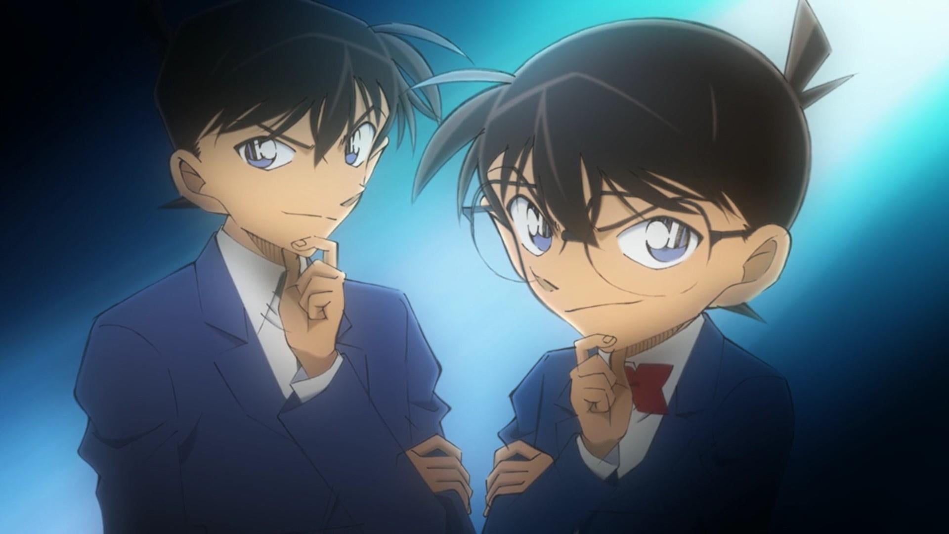 detective conan, suit, 1080P, males, colored background, blue, black background, indoors, front view, detective, illuminated, two people, adult, men, shinichi, HD Wallpaper