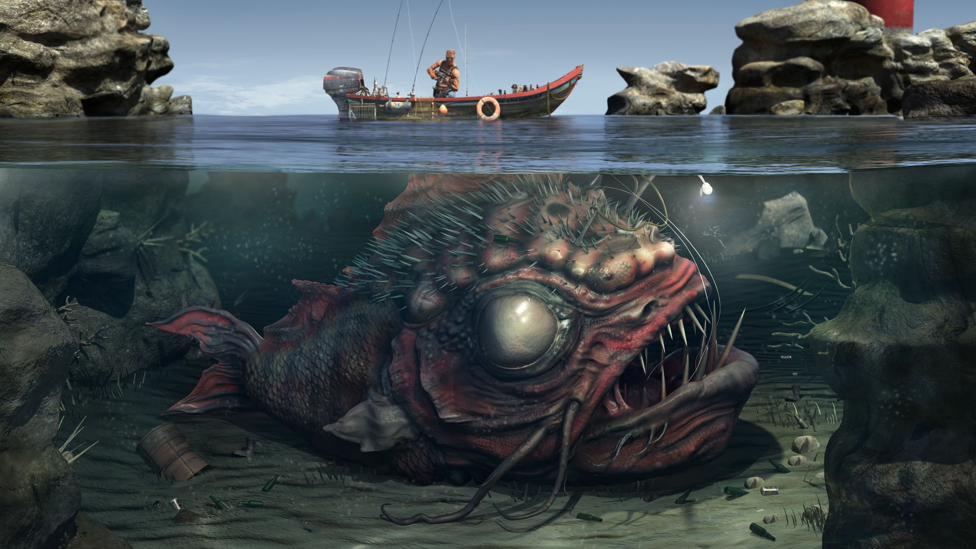 artwork, boat, fish, underwater, 1080P, creature, HD Wallpaper