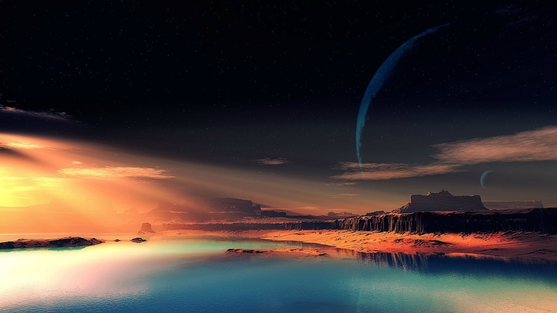 star - space, space, planet, environment, illuminated, space art, sunset, night, cloud - sky, beauty in nature, astronomy, scenics - nature, 1080P, idyllic, HD Wallpaper