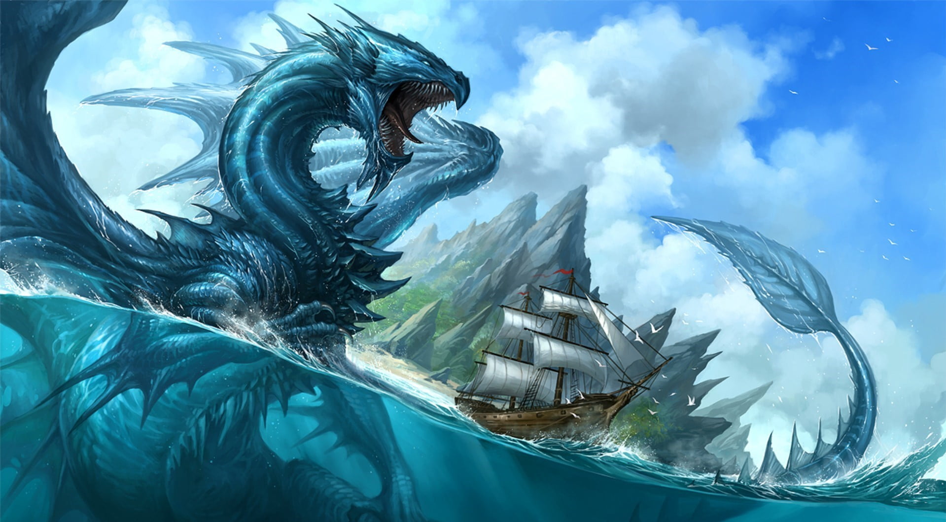 animal wildlife, fantasy art, painting, nature, white, outdoors, water, animals in captivity, artwork, bird, vertebrate, sea life, black, ship, animal, HD Wallpaper