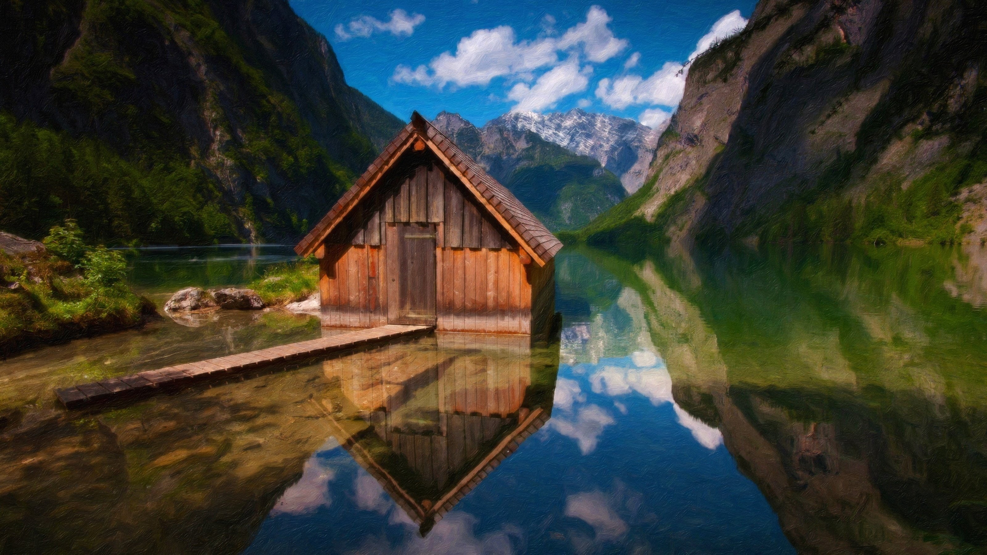 reflection, scenics - nature, water, mountain, nature, outdoors, 2K, sky, beauty in nature, tranquility, hut, building exterior, cloud - sky, tranquil scene, HD Wallpaper