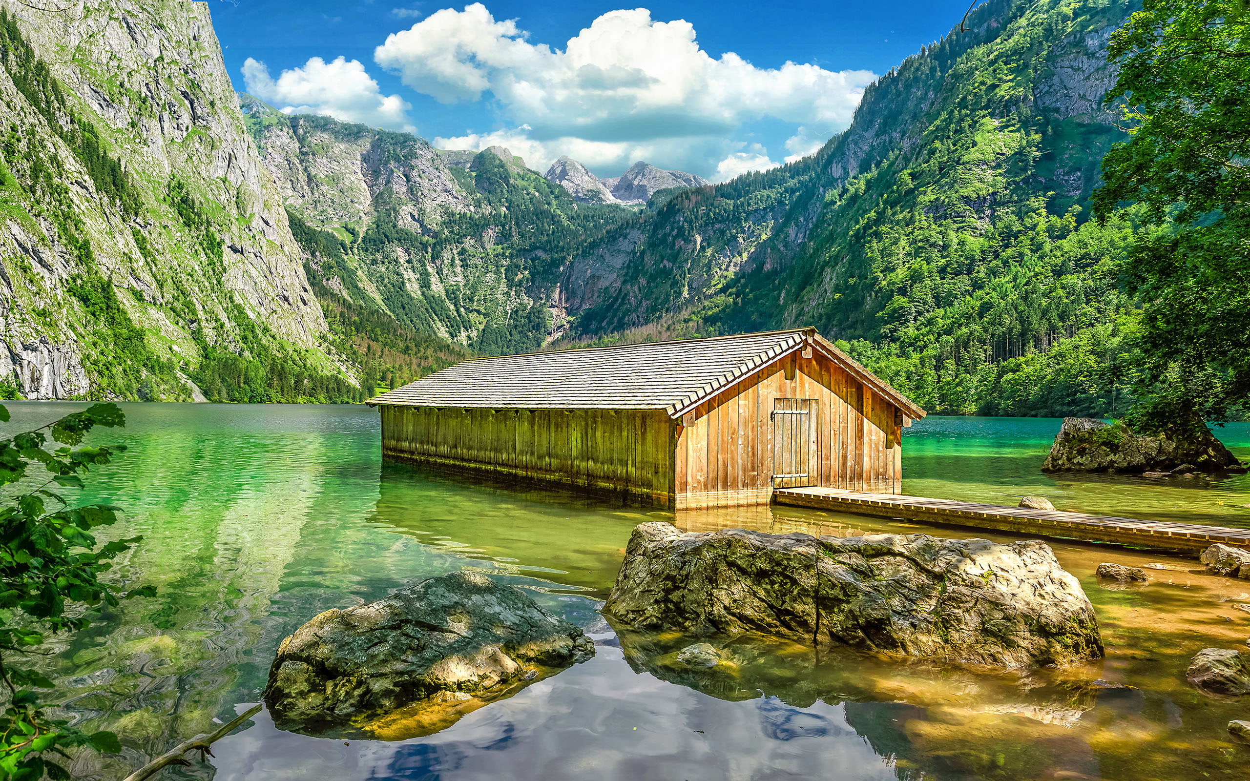 wooden, bavaria, photo, konigssee, old, obersee, boathouse, house, desktop, germany, 2K, mountain, near, berchtesgaden, park, hd, lake, national, HD Wallpaper