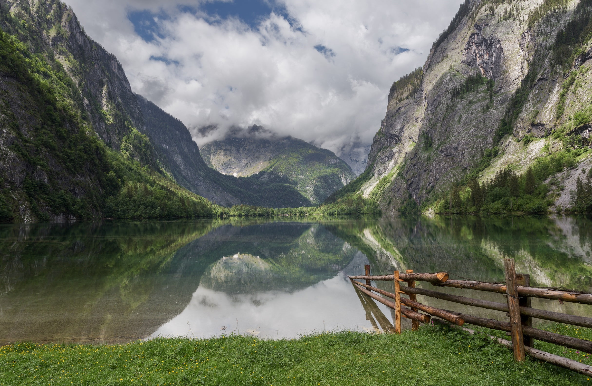 clouds, nature, grass, shore, Bayern, landscape, rocks, Germany, forest, lake, Obersee, reflection, mountains, 1080P, HD Wallpaper