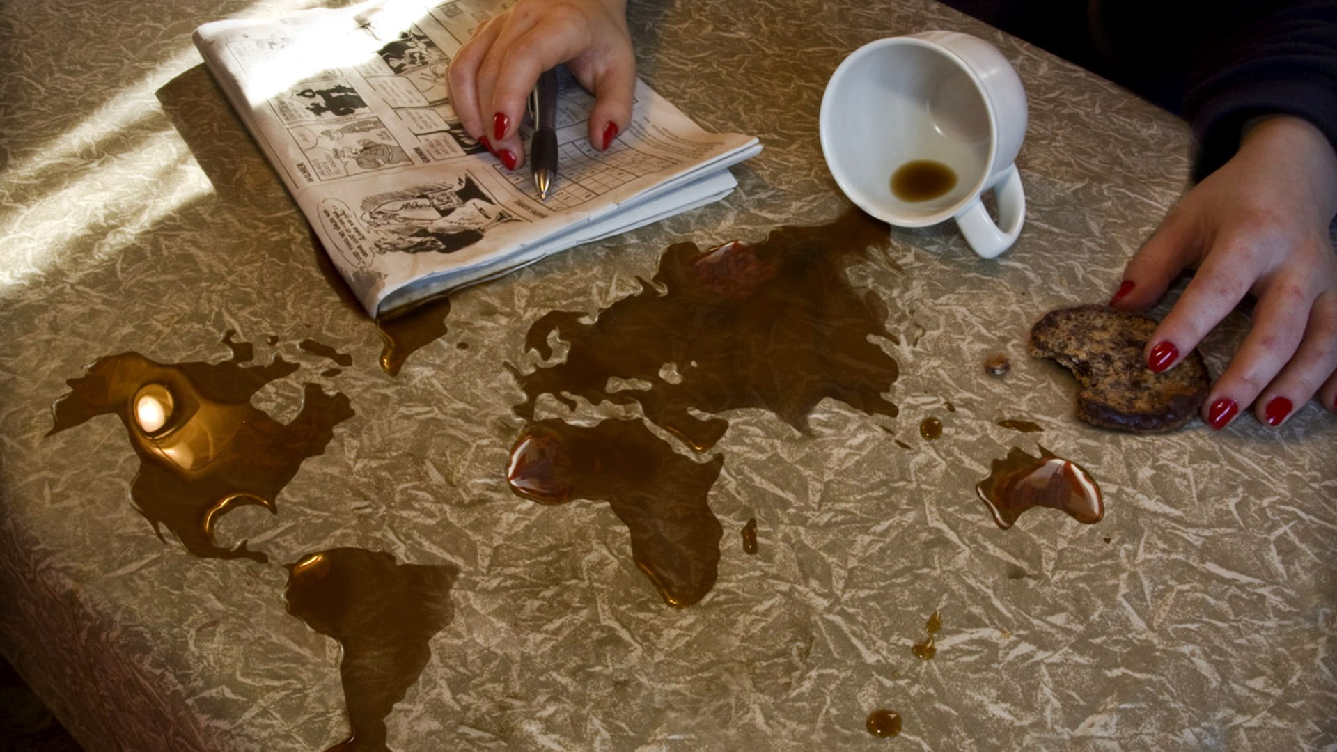 Erik Johansson, coffee, world map, map, 1080P, spill, HD Wallpaper