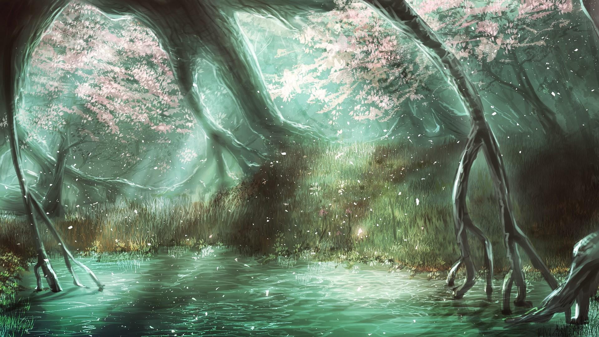 turquoise colored, beauty in nature, scenics - nature, fabled, tree, land, sunlight, forest, no people, 1080P, art, fantasy art, plant, sky, water, environment, HD Wallpaper