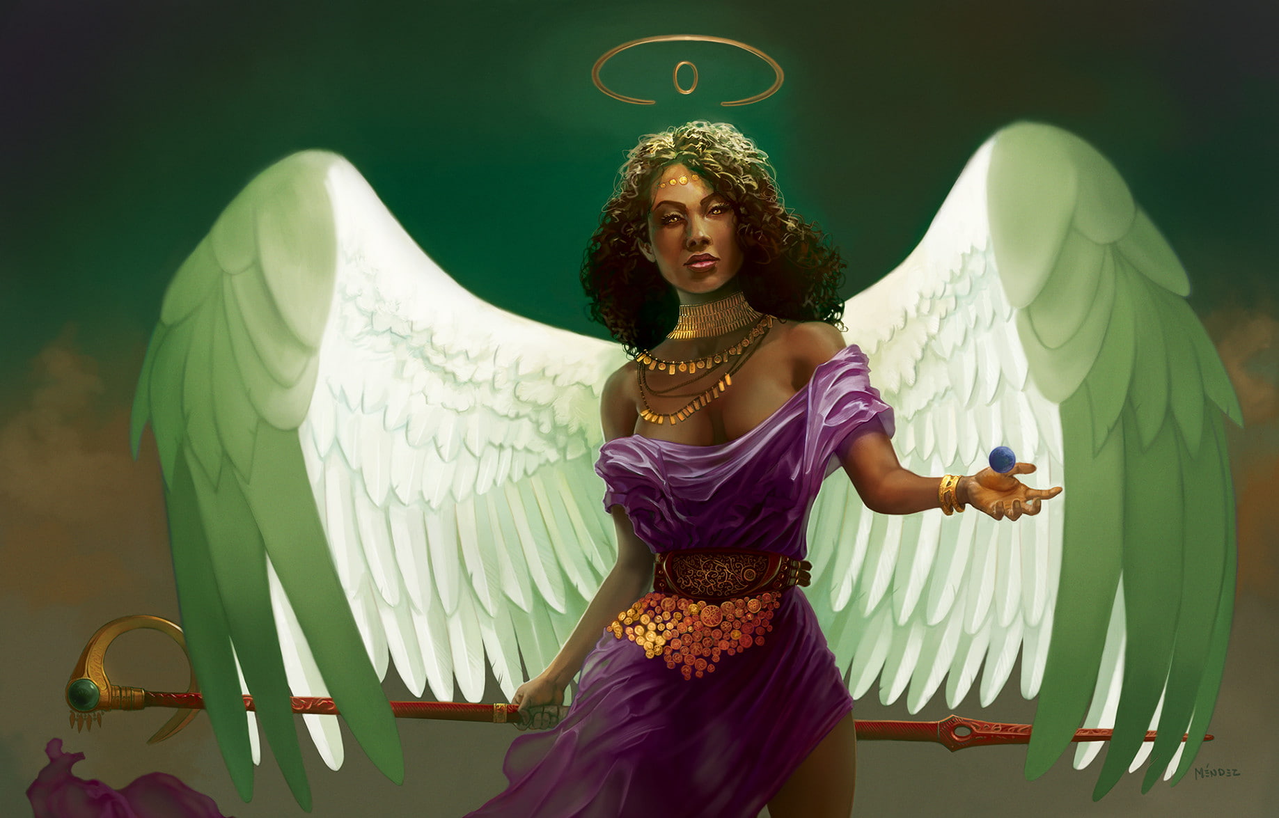 dress, women, adult, seat, ebony, curly hair, three quarter length, real people, smiling, wings, purple, fashion, hairstyle, clothing, looking at camera, HD Wallpaper