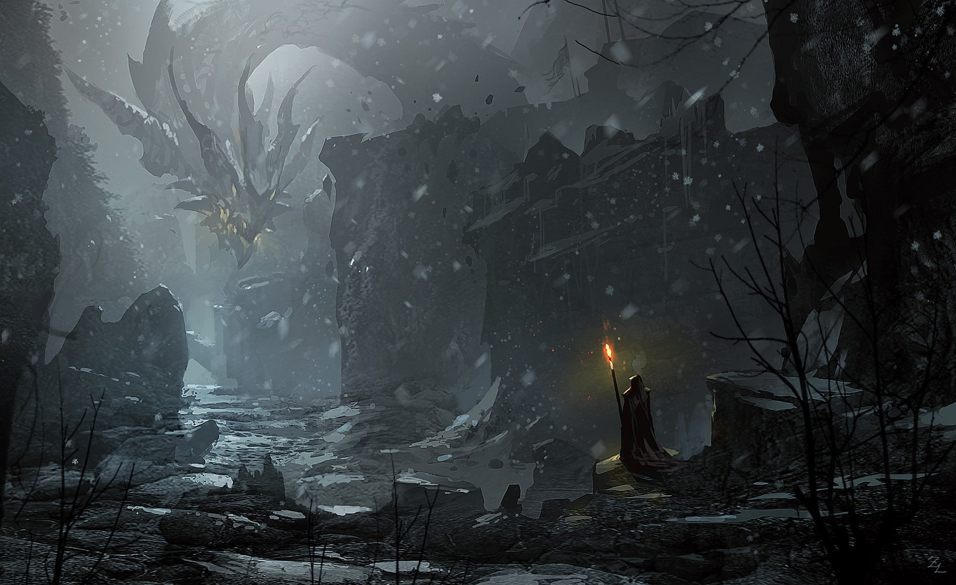 dragon, fantasy art, 1080P, staff, HD Wallpaper