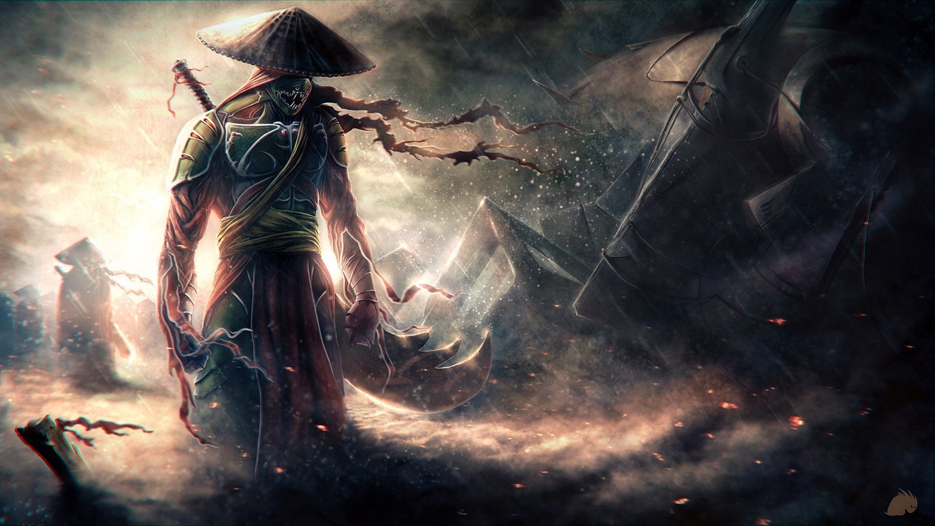 hd, artwork, warriors, art, x, samurai, 1080P, ninjas, rain, hats, conical, HD Wallpaper