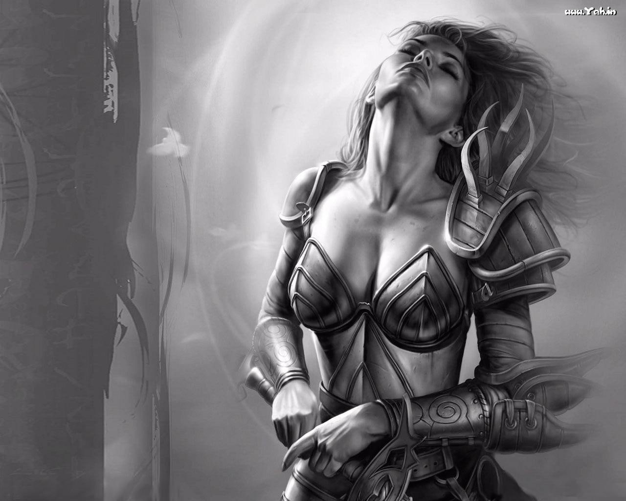female, illustrations, aribeth, warriors, abstract, neverwinter, fantasy art, monochrome, nights, hd, art, fantasy, 720P, gre, artwork, HD Wallpaper