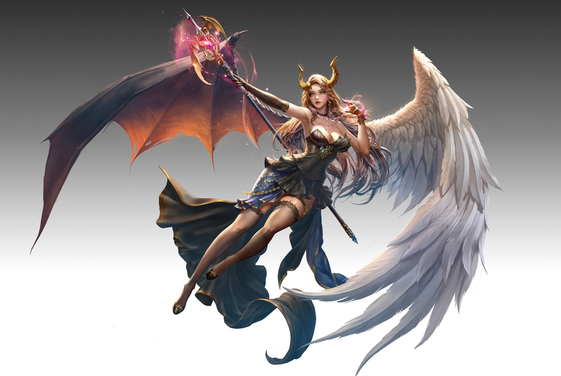 spell, wings, contrast, feathers, thigh-highs, drawing, cleavage, 1080P, staff, demon, angel, Jungmin Jin, dress, simple background, women, League of Angels, HD Wallpaper