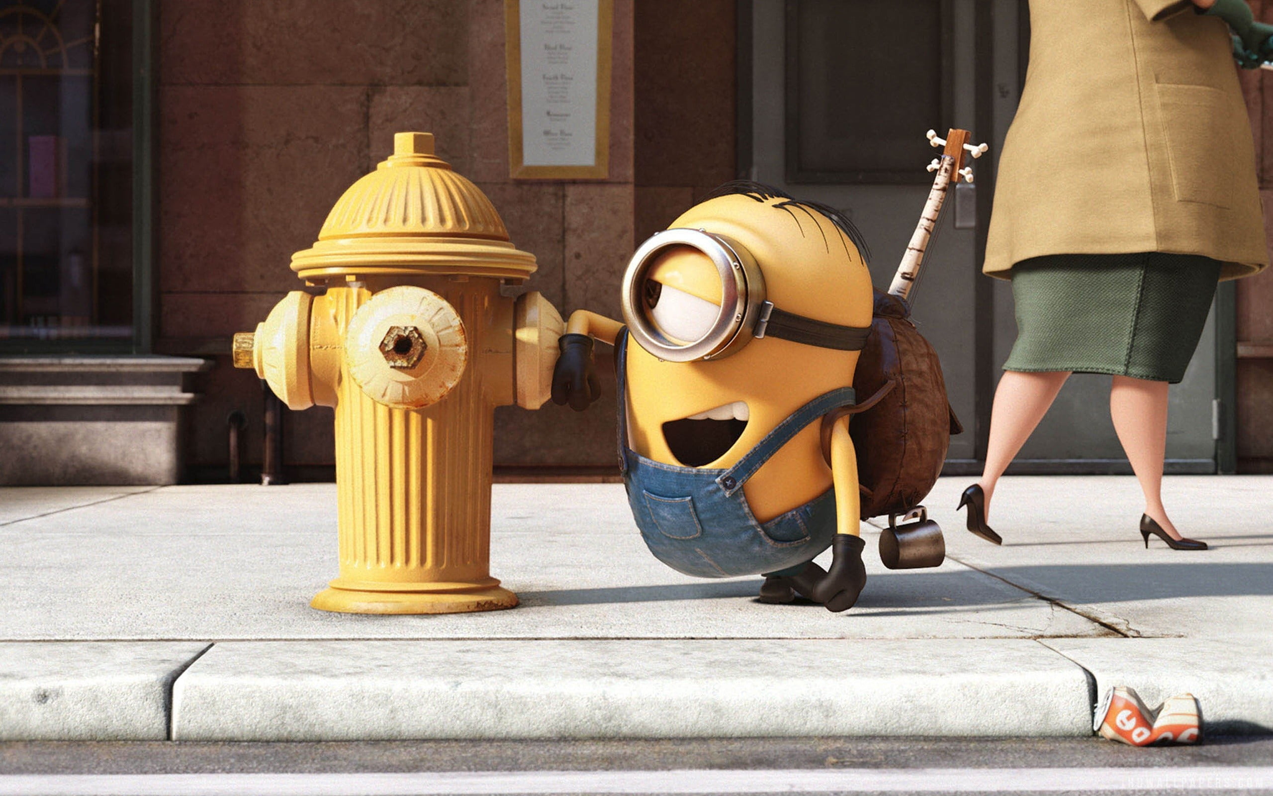 Illumination Entertainment, rear view, footpath, men, Minions, 2K, bones, architecture, movie, guitar, stairs, eye, cinema, safety, Despicable Me, Minion, HD Wallpaper