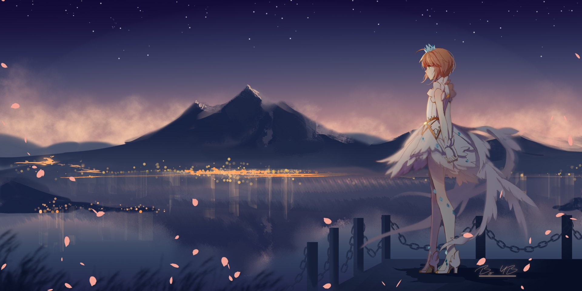 tranquility, reflection, star - space, young adult, illuminated, scenics - nature, sky, Sakura Kinomoto, Cardcaptor Sakura, architecture, city, travel destinations, HD Wallpaper