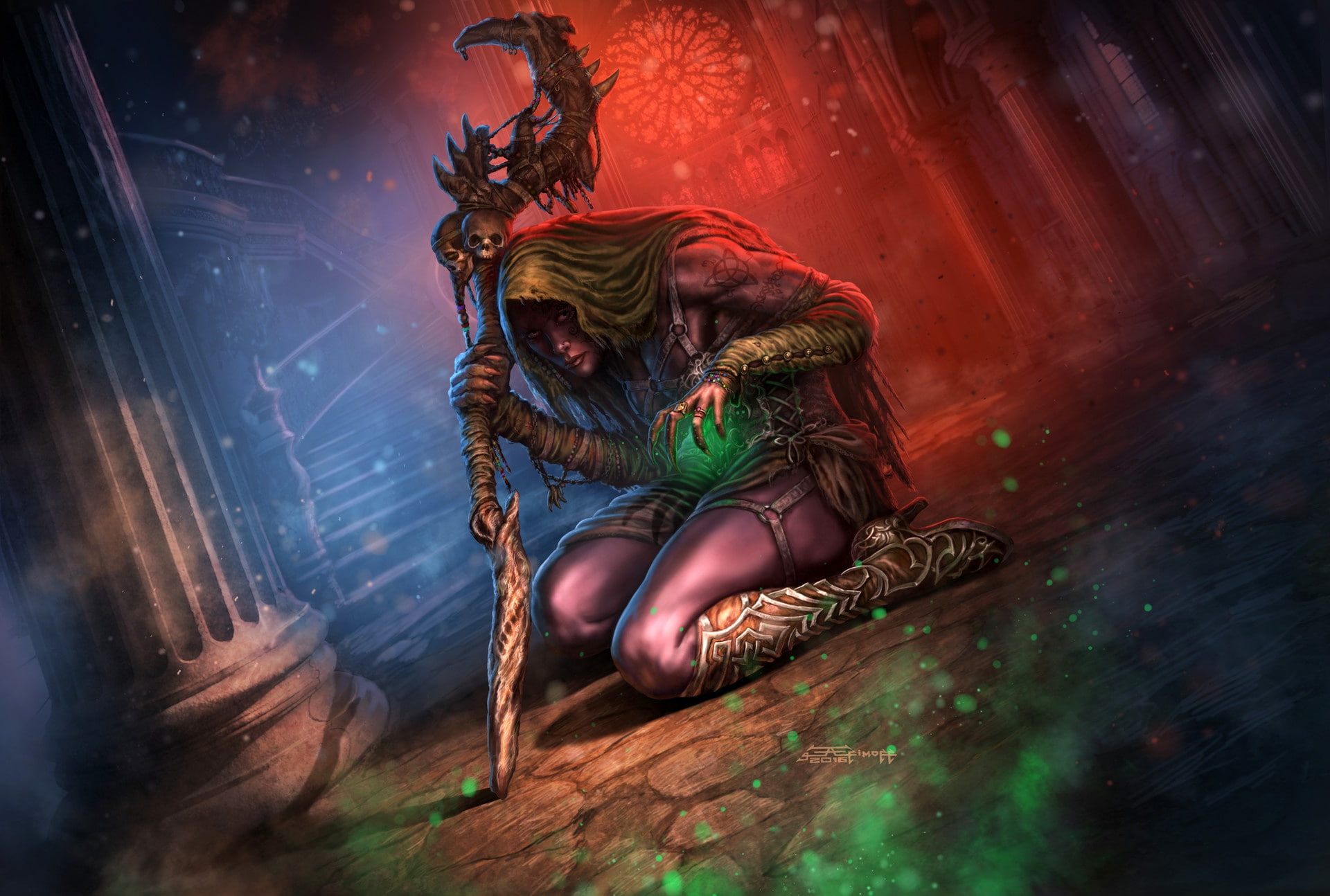 digital art, skull, kneeling, fantasy art, fantasy girl, artwork, 1080P, witch, staff, magic, HD Wallpaper