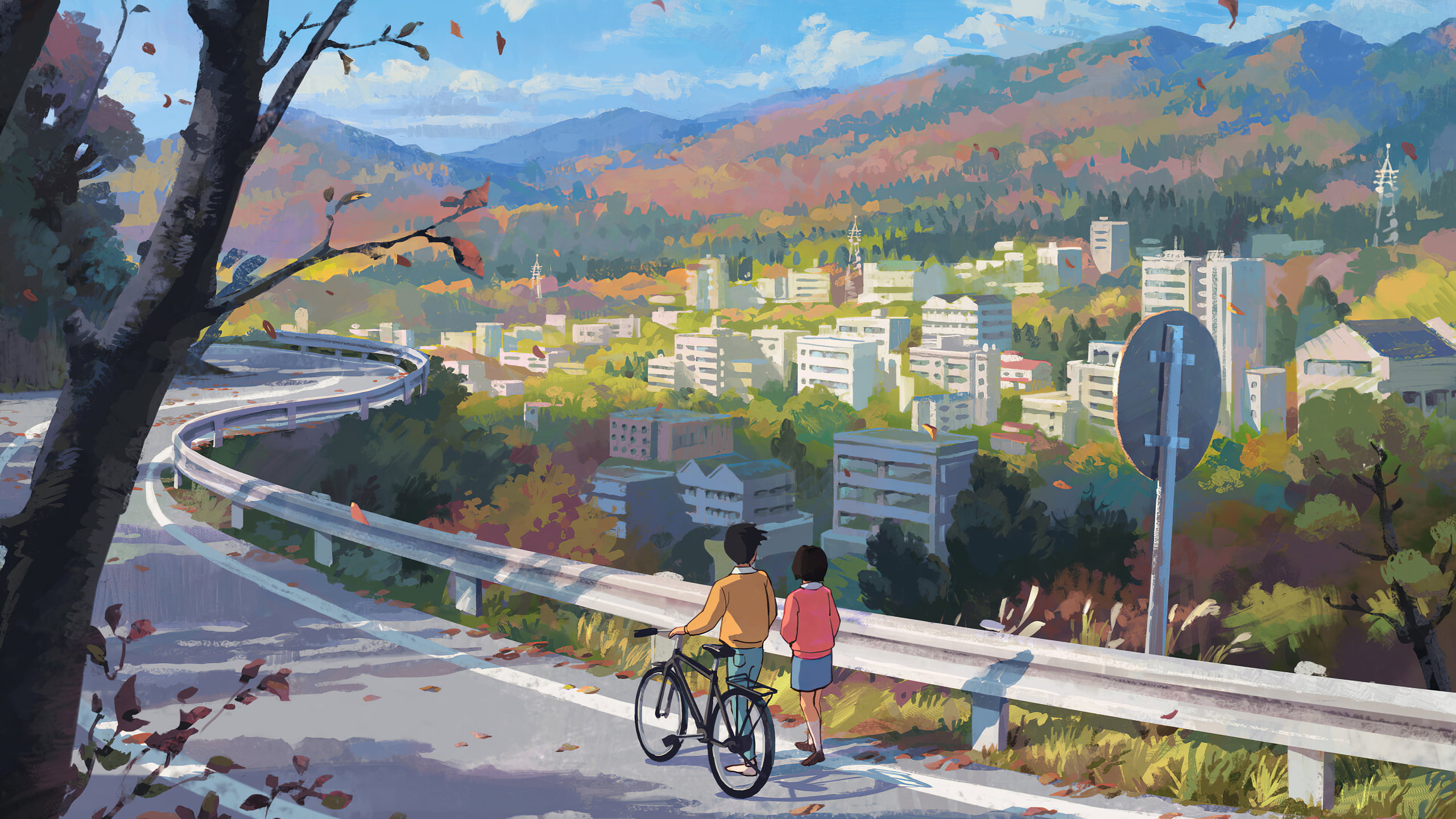 cartoon, digital art, road sign, road, anime, couple, 2K, city, mountains, bicycle, people, walking, HD Wallpaper