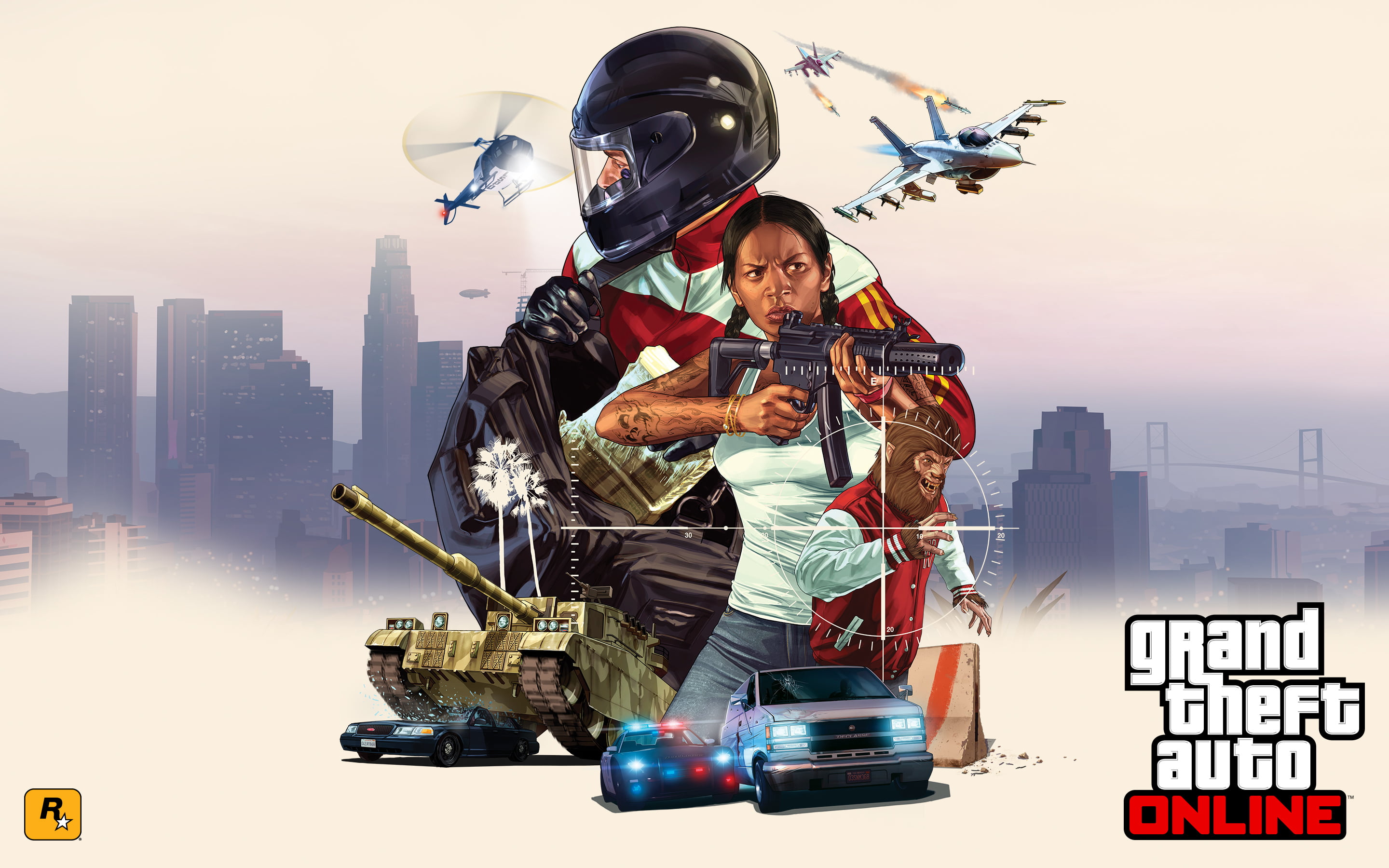 transportation, police, helicopter, auto, GTA:Online, nature, young men, grand, skyscraper, GTA, young adult, adult, sky, weapons, online, tank, architecture, HD Wallpaper