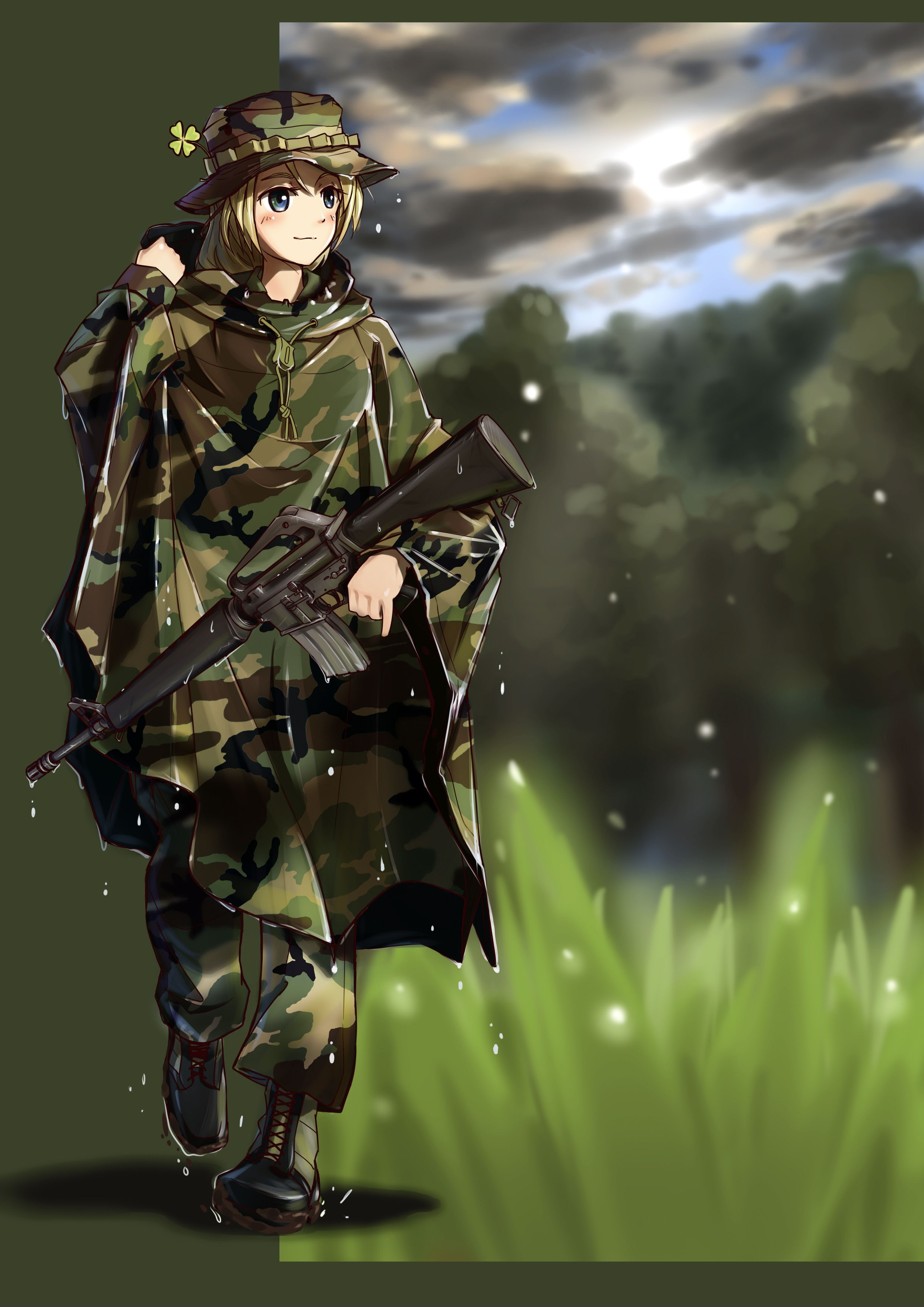 gun, blonde, weapon, anime, 2K, uniform, anime girls, short hair, Phone HD Wallpaper