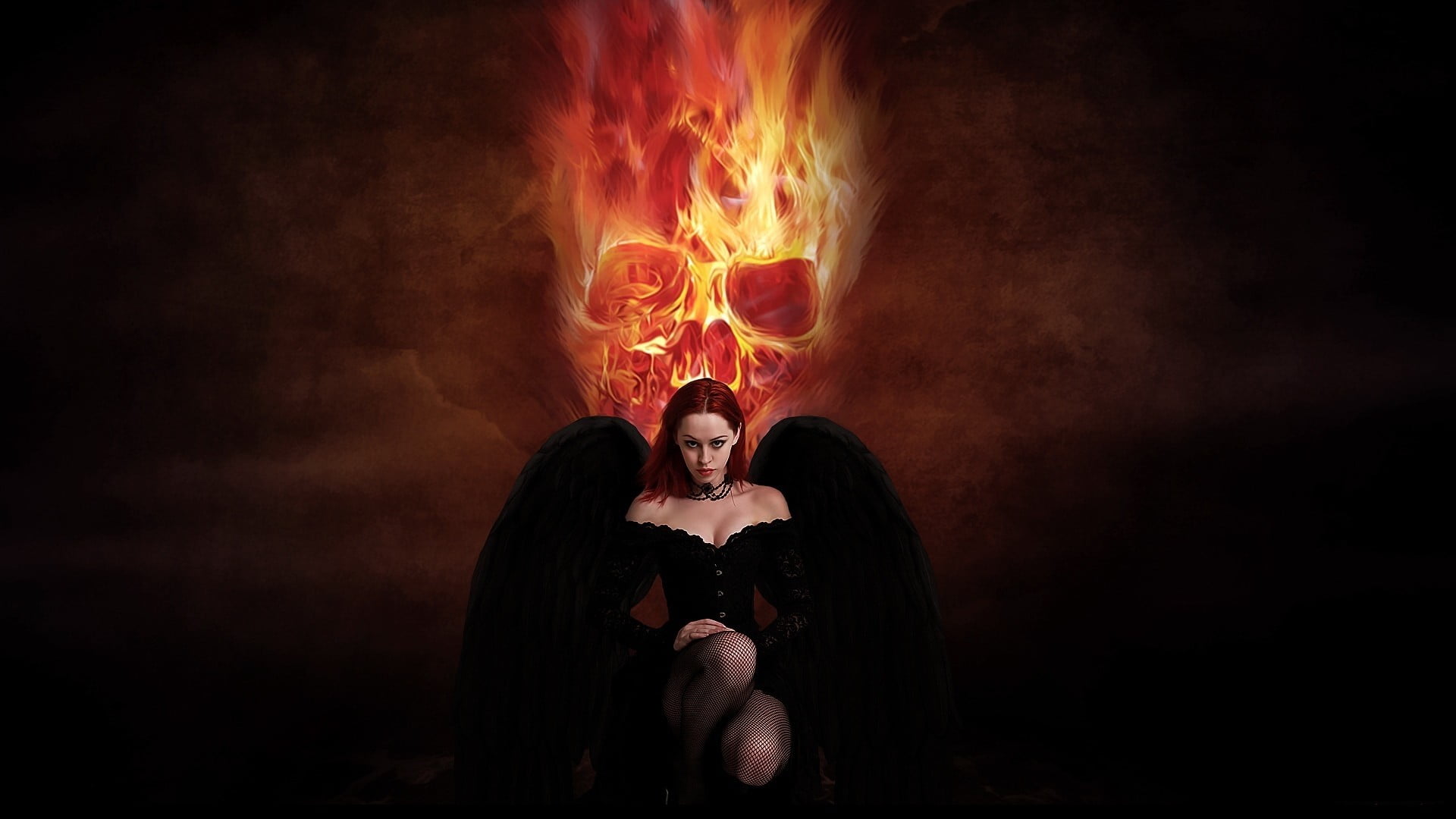 fire - natural phenomenon, orange color, angel, wings, application, redhead, indoors, flame, nature, smoke - physical structure, adult, burning, night, HD Wallpaper