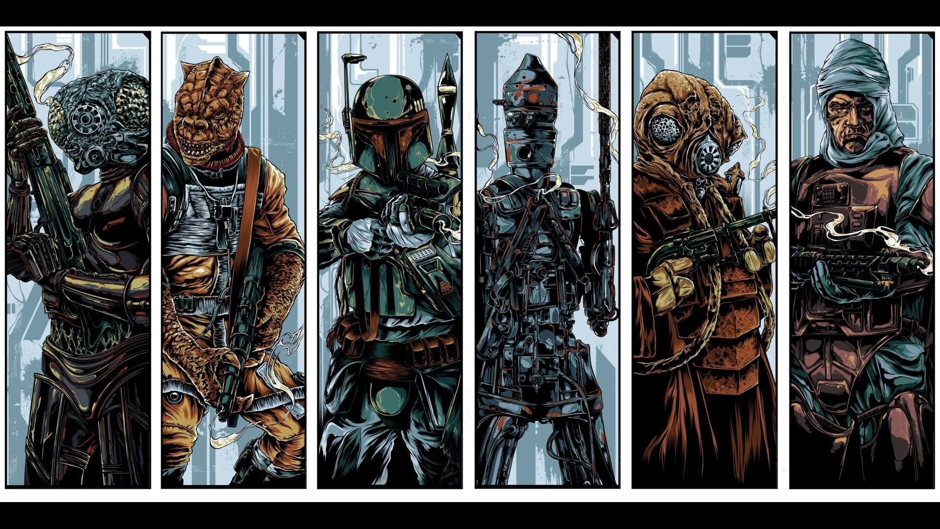 statue, collage, men, human representation, 1080P, for sale, game, Boba Fett, IG-88, vector, people, close-up, application, Bossk, bounty hunter, large group of objects, HD Wallpaper