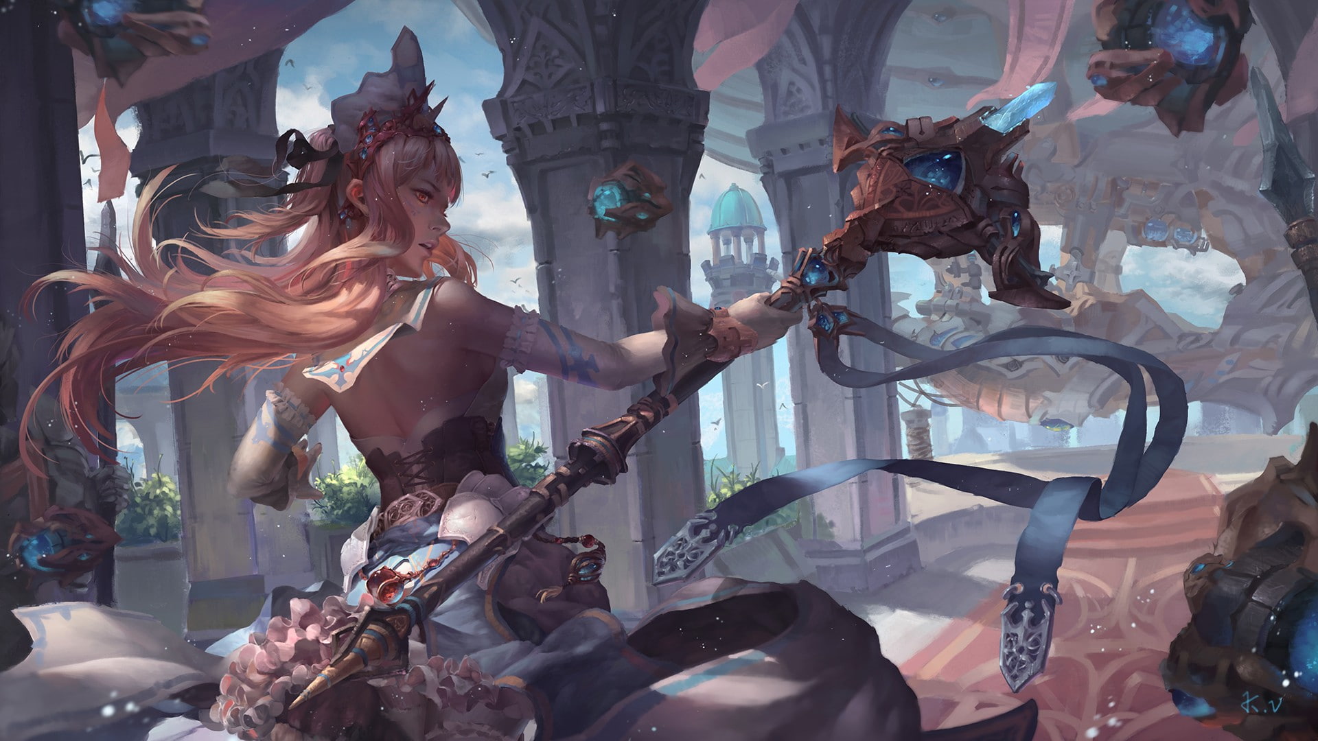 1080P, artwork, blonde, warrior, staff, white dress, fantasy art, fantasy weapon, HD Wallpaper
