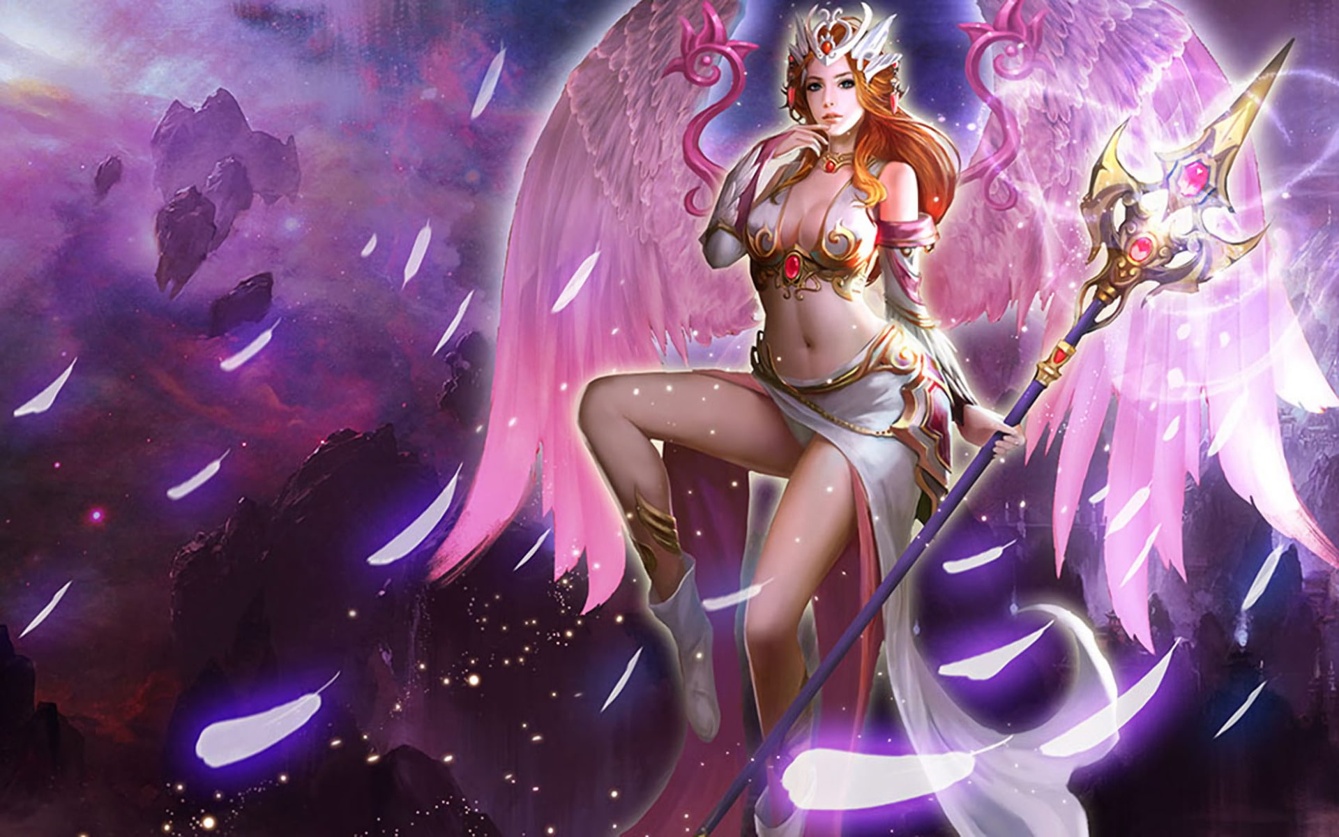 Angel Warrior, League Of Angels, Redhead, Angel, 1080P, Girl, Video Game, Staff, Wings, Pink, Fantasy, Woman, HD Wallpaper