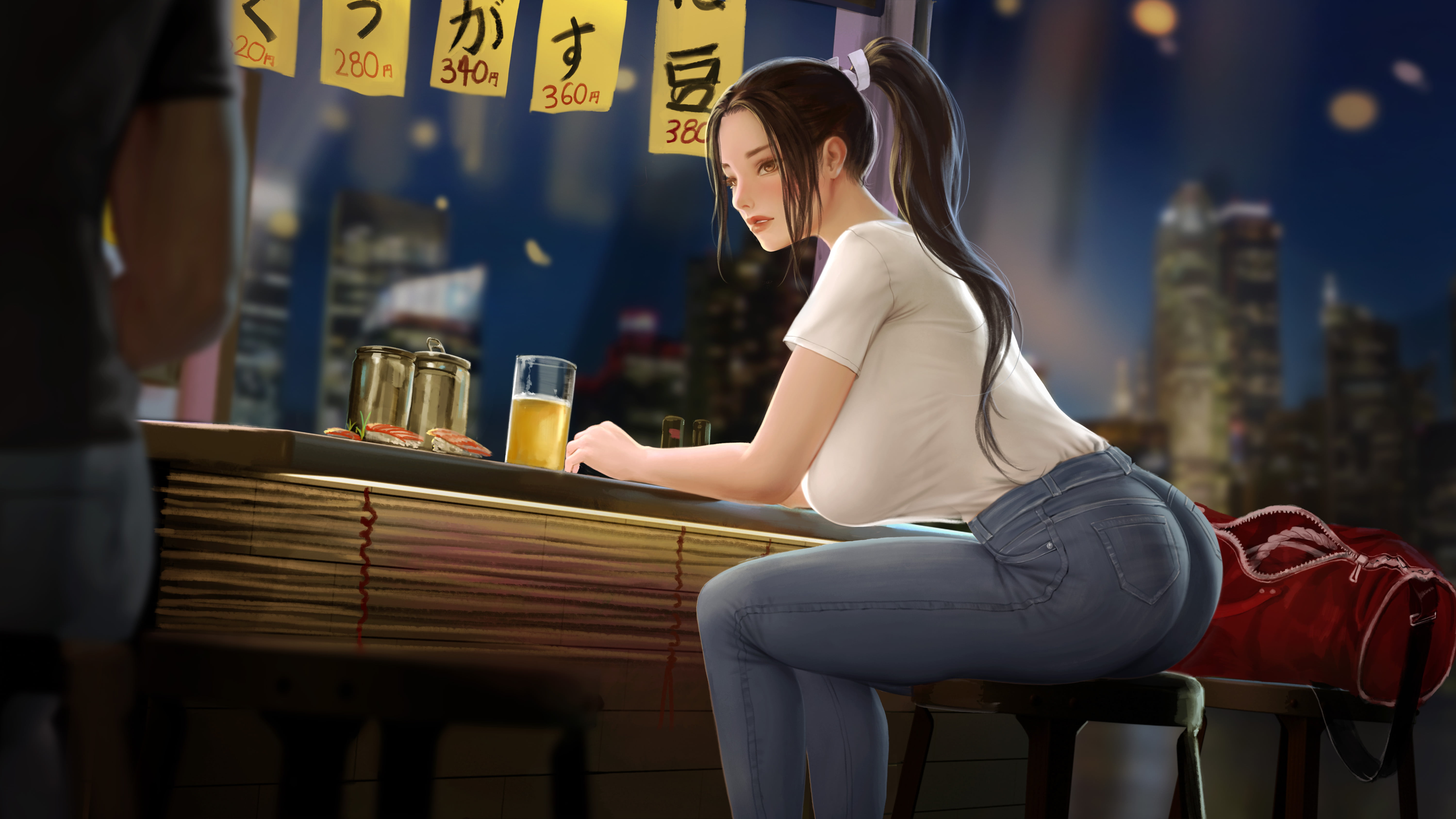 sitting, side view, digital art, ponytail, King of Fighters, Mai Shiranui, fan art, video game art, fantasy girl, brunette, artwork, drawing, jeans, long hair, HD Wallpaper