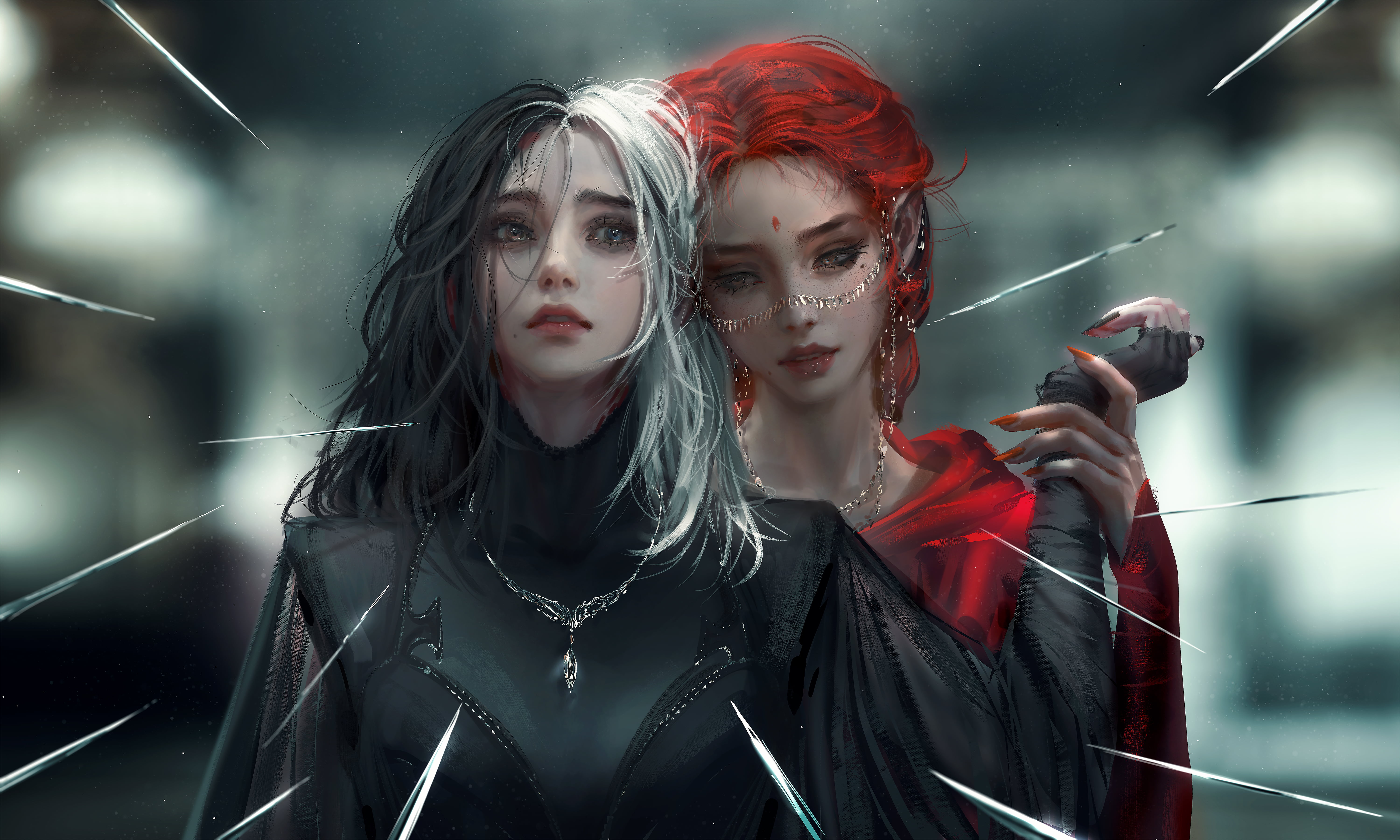 Nixeu, white hair, illustration, 5K, fan art, multi-colored hair, necklace, digital art, parted lips, redhead, women, fantasy art, black clothing, fantasy girl, HD Wallpaper