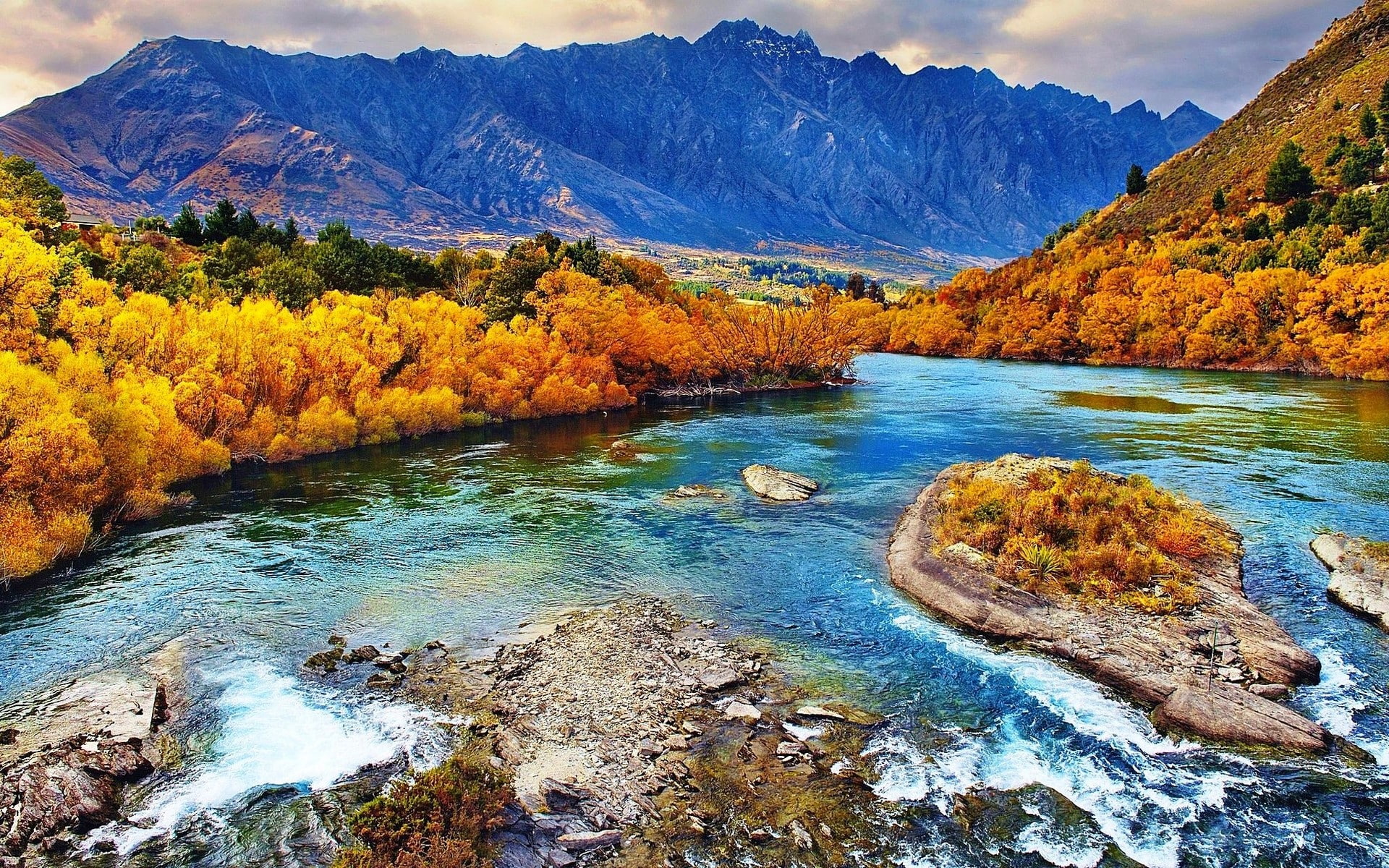 1080P, tree, outdoors, landscape, water, mountain, rock, non-urban scene, idyllic, autumn, mountains, solid, tranquil scene, change, scenics - nature, HD Wallpaper