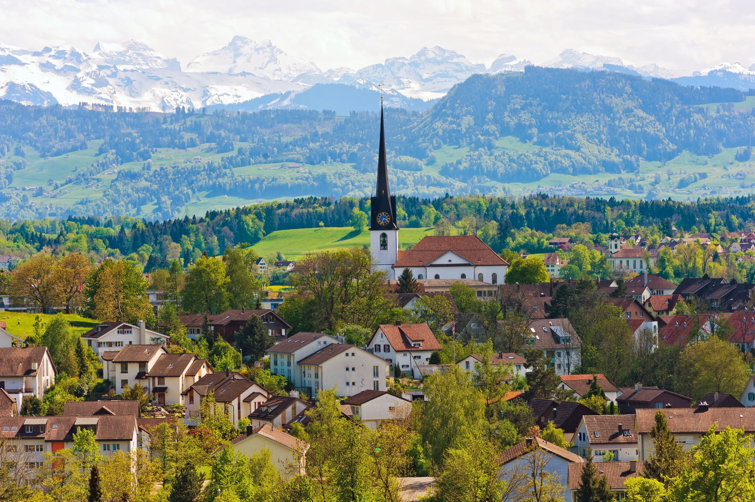 history, blue, trees, house, building Exterior, sky, town, building, high angle view, day, white, bavaria, townscape, mountain, home, lot, cityscape, hill, HD Wallpaper