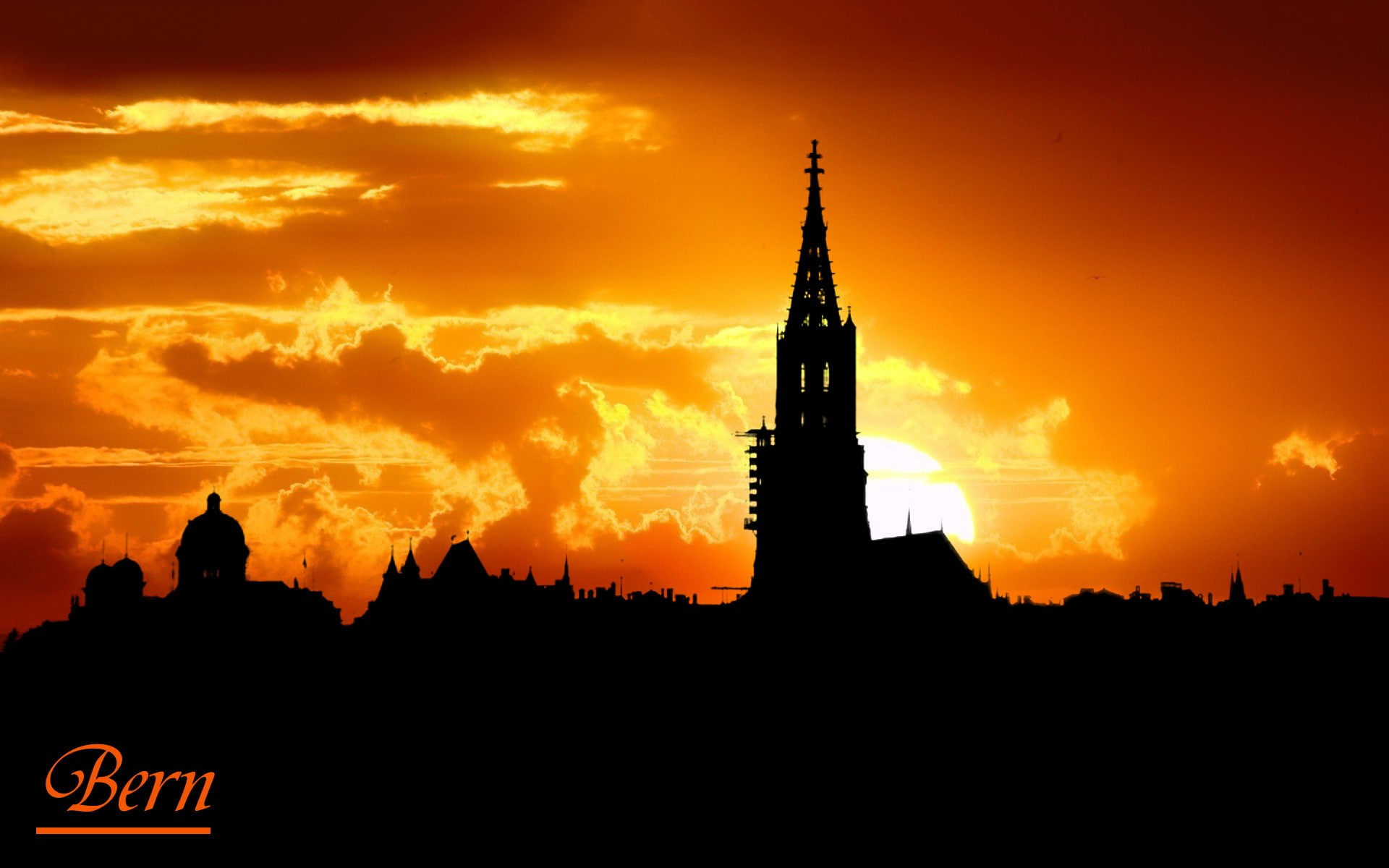 place of worship, no people, sunset, nature, 1080P, spirituality, Bern, city, skyline, silhouette, sky, outdoors, building, religion, cityscape, tower, HD Wallpaper