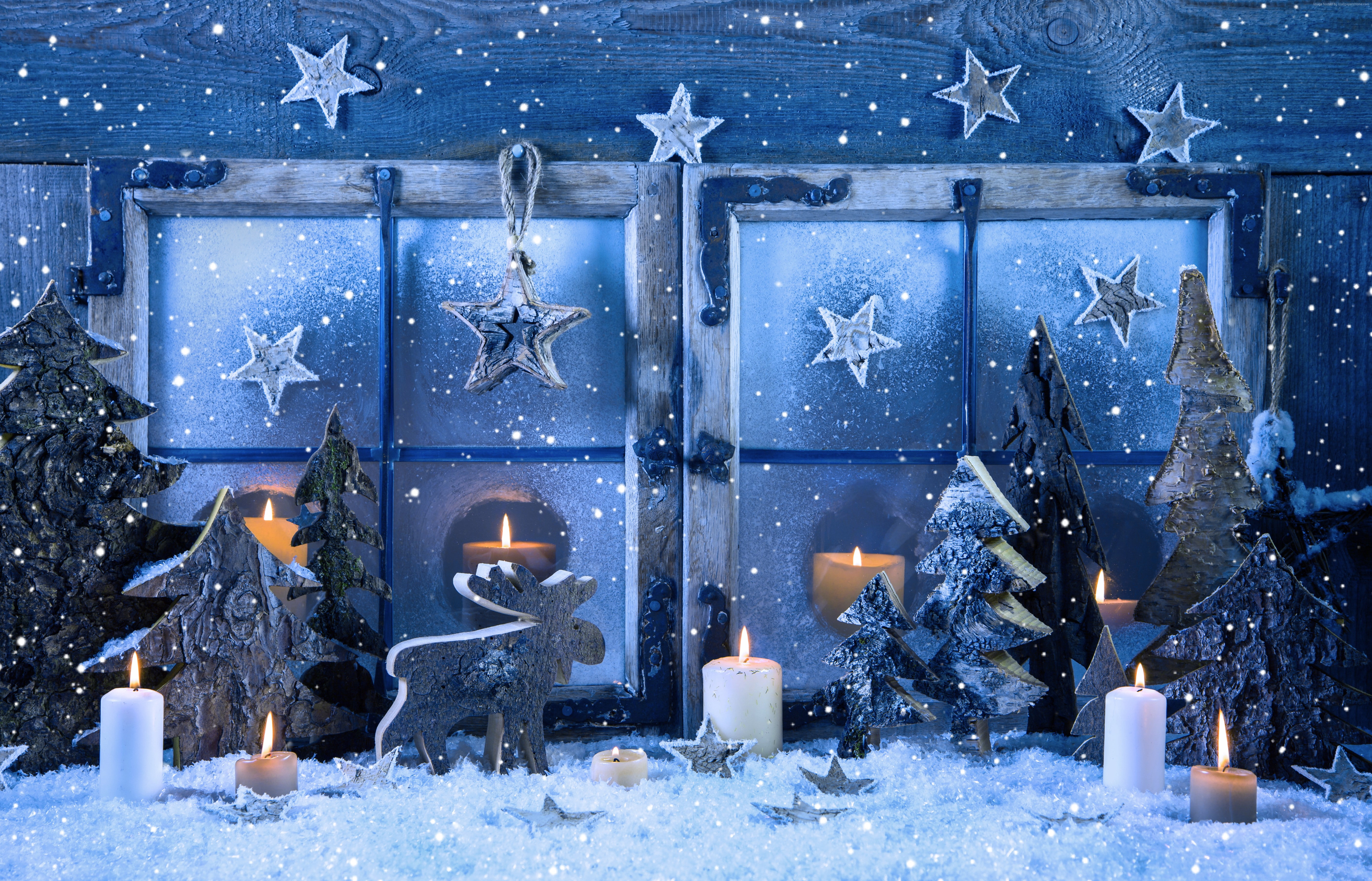 fir-tree, snowing, holiday, decoration, holiday - event, nature, cold temperature, indoors, candle, flame, christmas tree, snow, star, decorations, celebration, HD Wallpaper