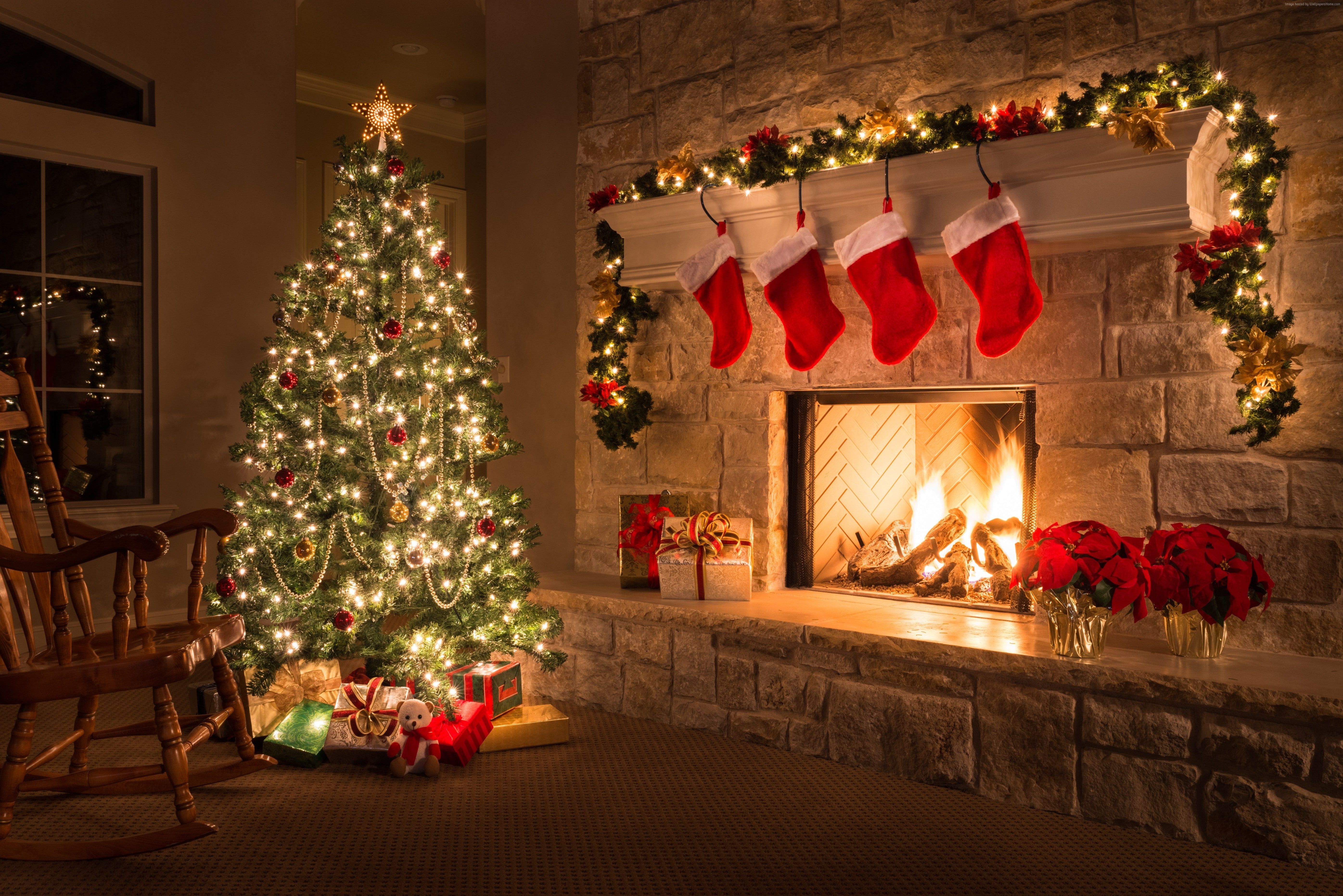 New Year, fireplace, 5K, fir-tree, 5K, Christmas, gifts, decorations, HD Wallpaper