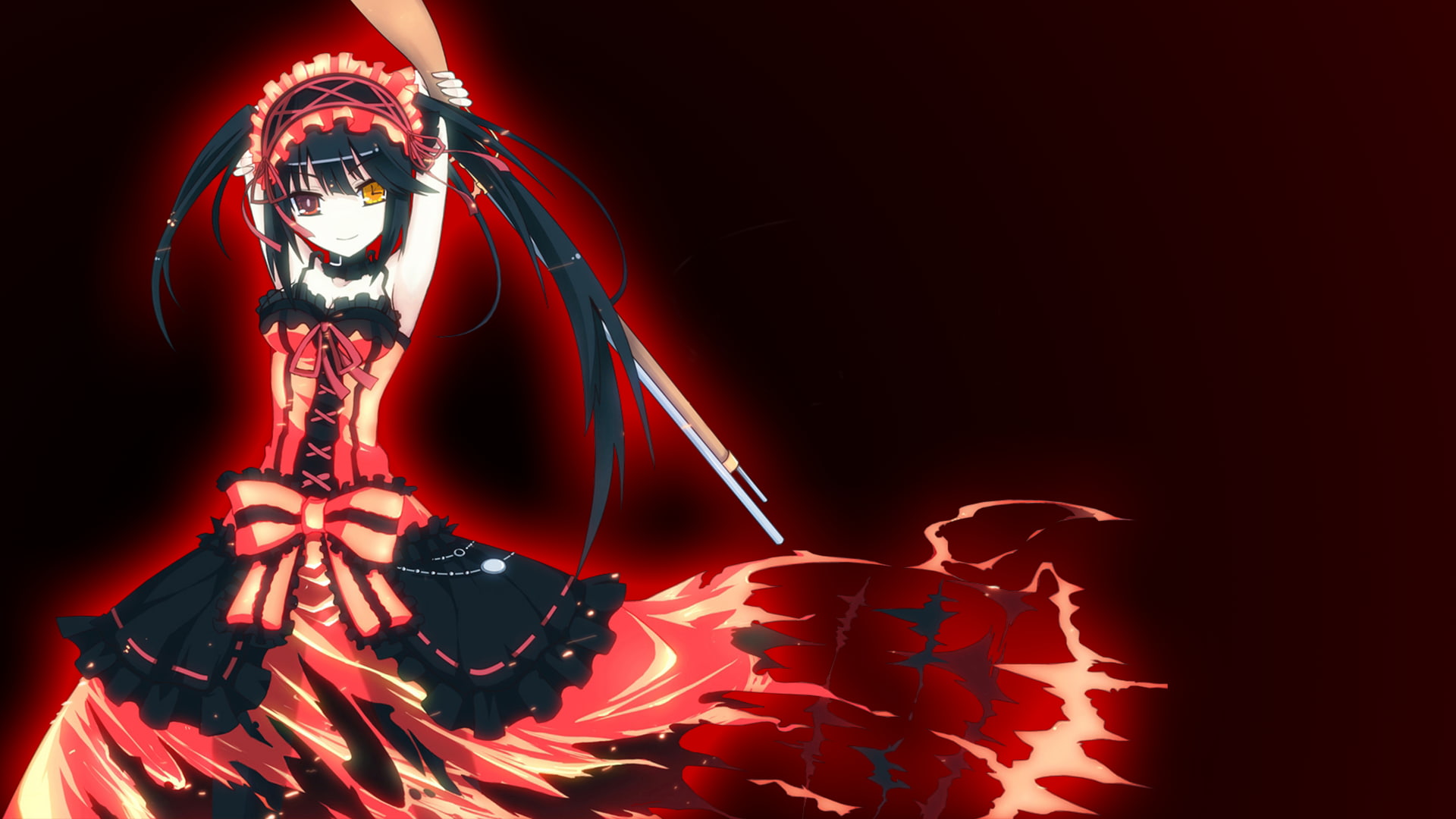 Tokisaki Kurumi, Date A Live, red background, anime girls, 1080P, dark hair, HD Wallpaper