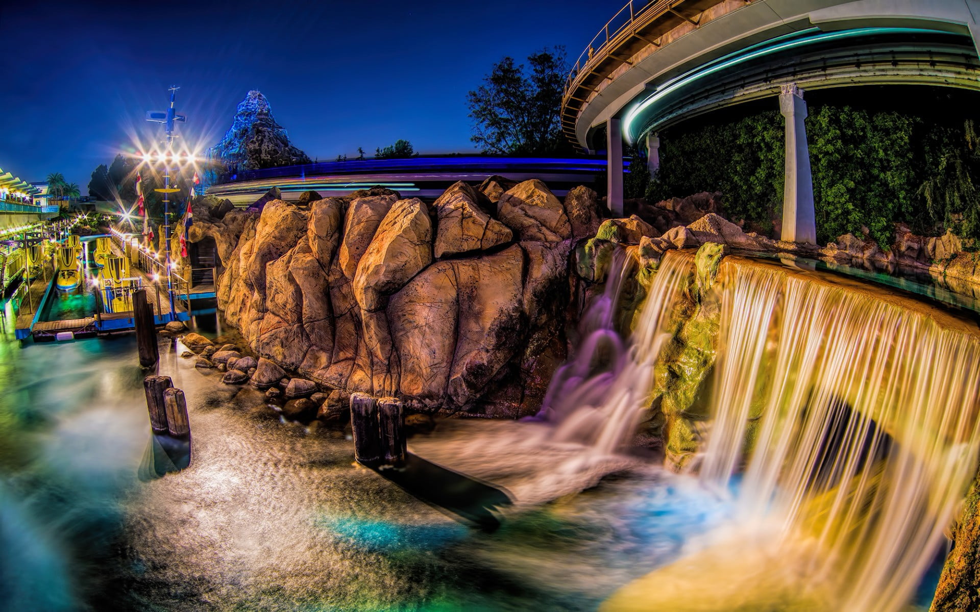 waterfall, bridge - man made structure, water, tree, transportation, sky, blurred motion, flowing water, nature, illuminated, bridge, motion, day, building exterior, HD Wallpaper