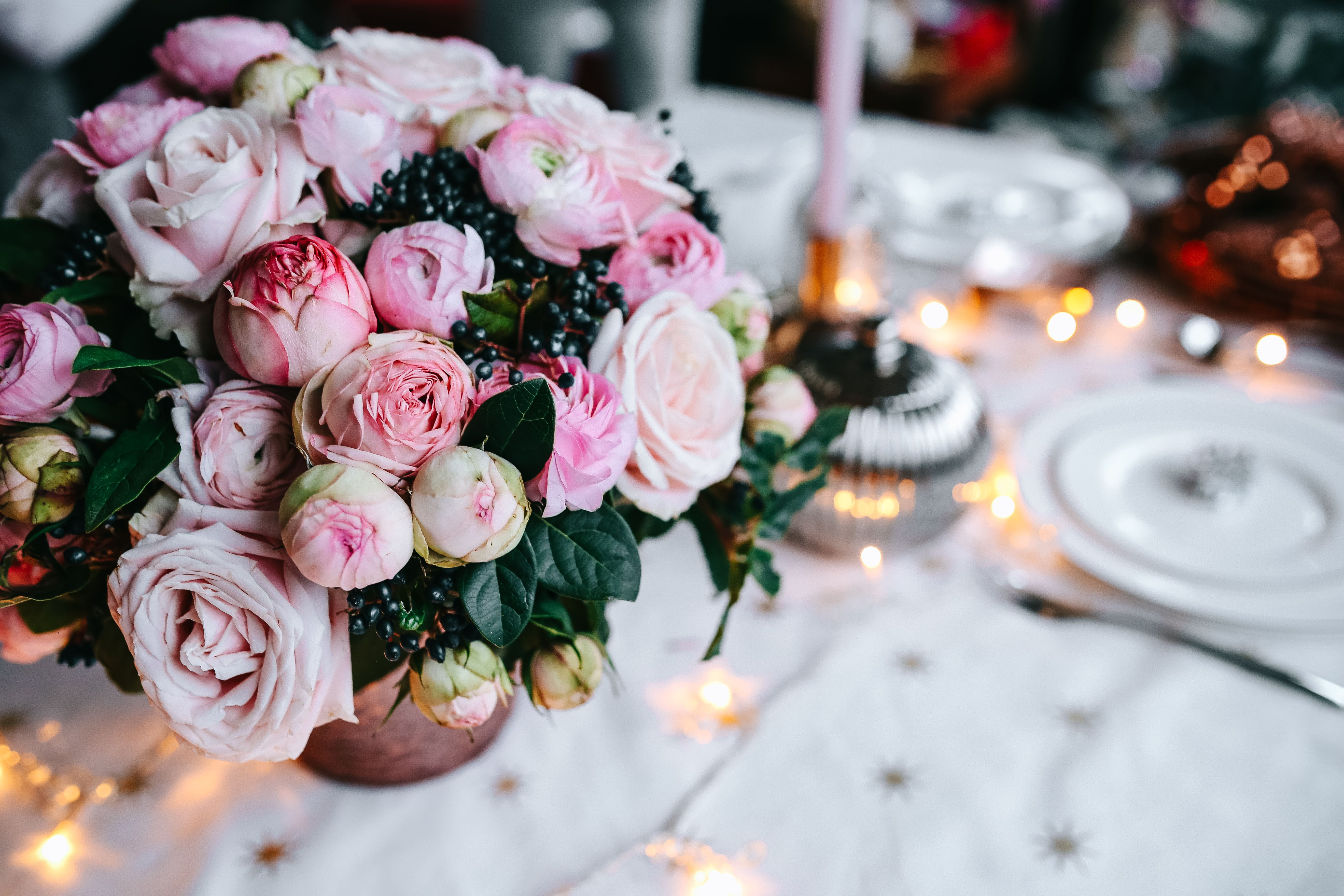 beauty in nature, pink, table, glamour, focus on foreground, no people, nature, bouquet, tea light, rose - Flower, plant, decoration, celebration event, HD Wallpaper