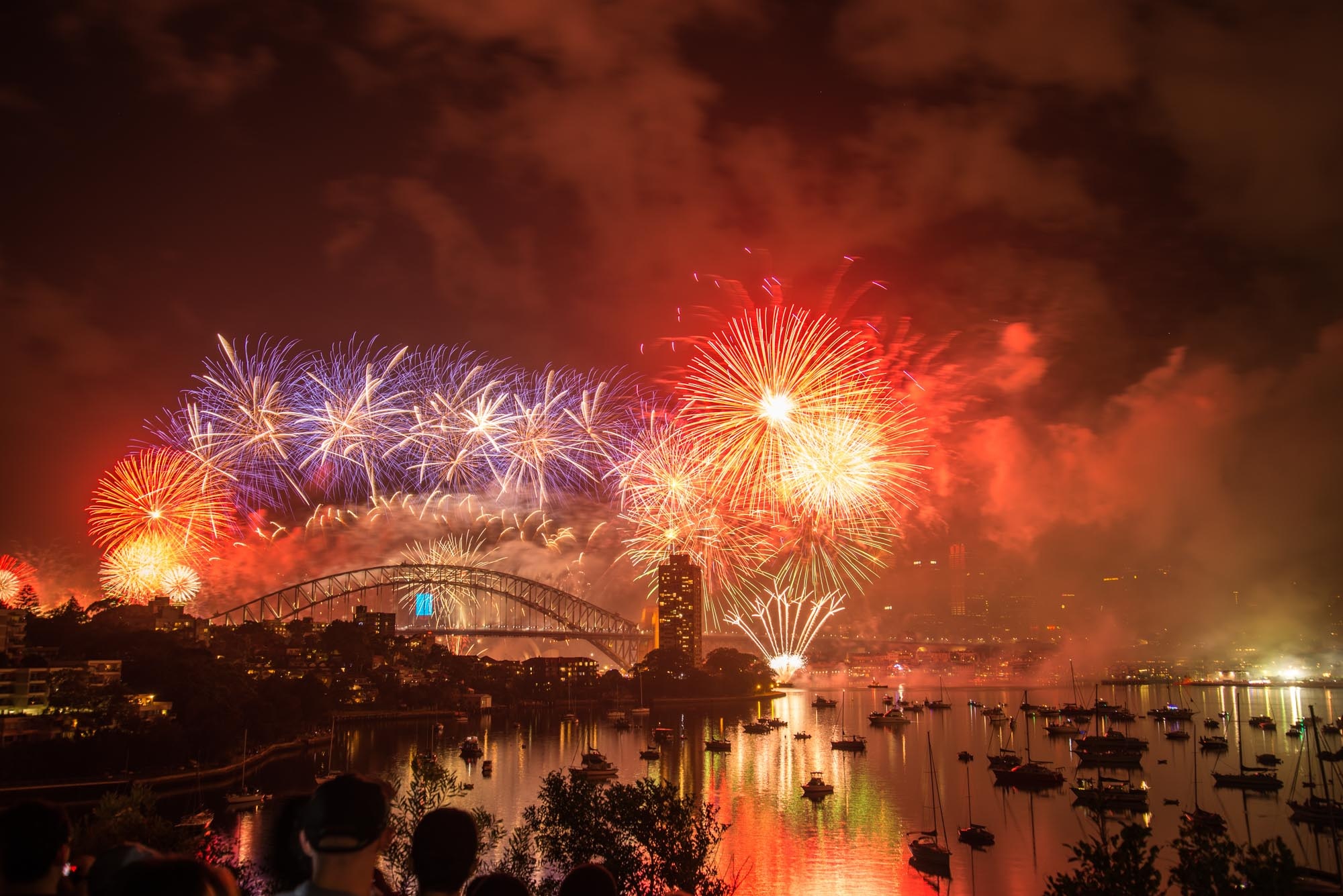 australia, firework, sky, 1080P, arts culture and entertainment, smoke - physical structure, bridge, nature, outdoors, light, happy new year, new years eve, HD Wallpaper