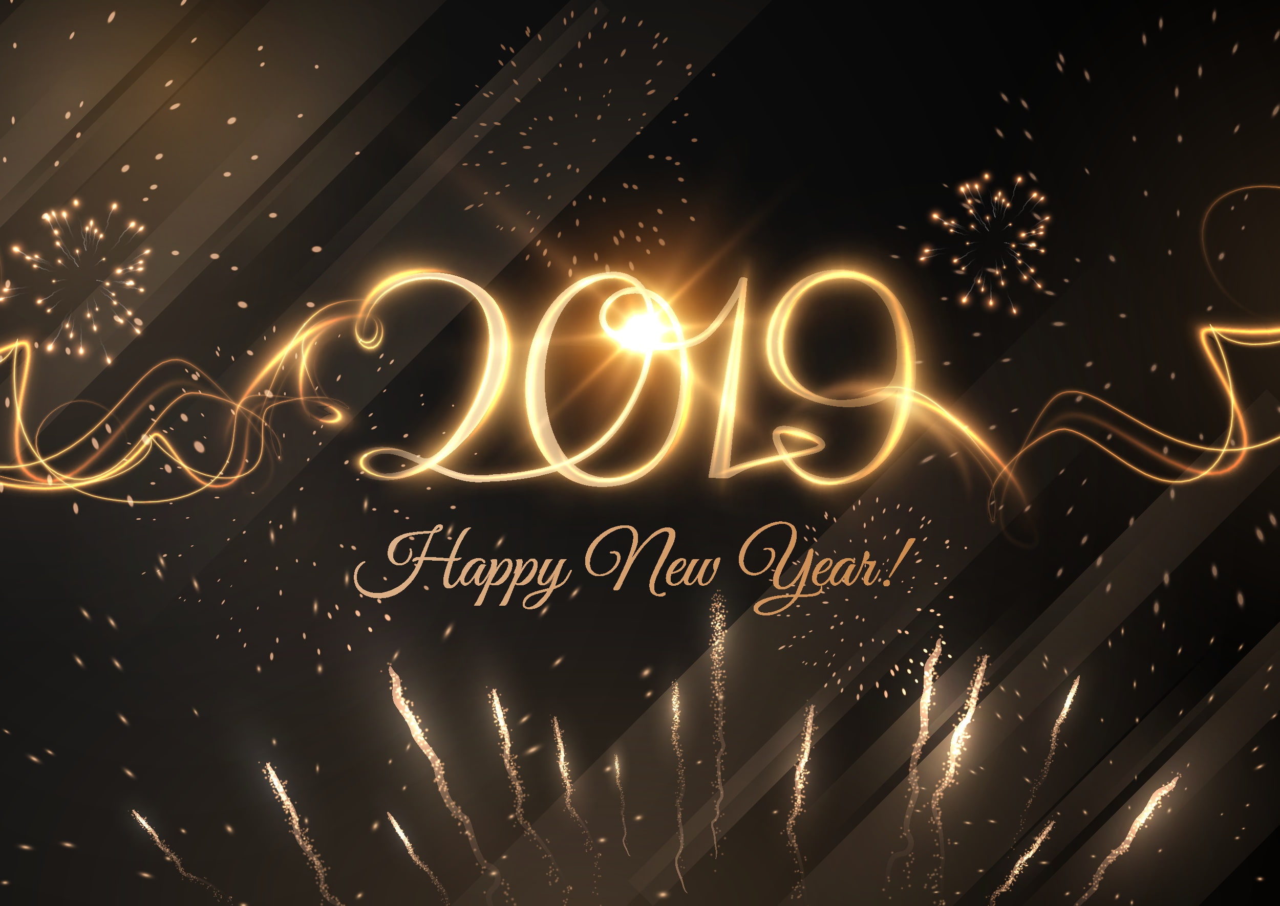Happy New Year, New Year, numbers, fireworks, 2019 (Year), 1080P, HD Wallpaper