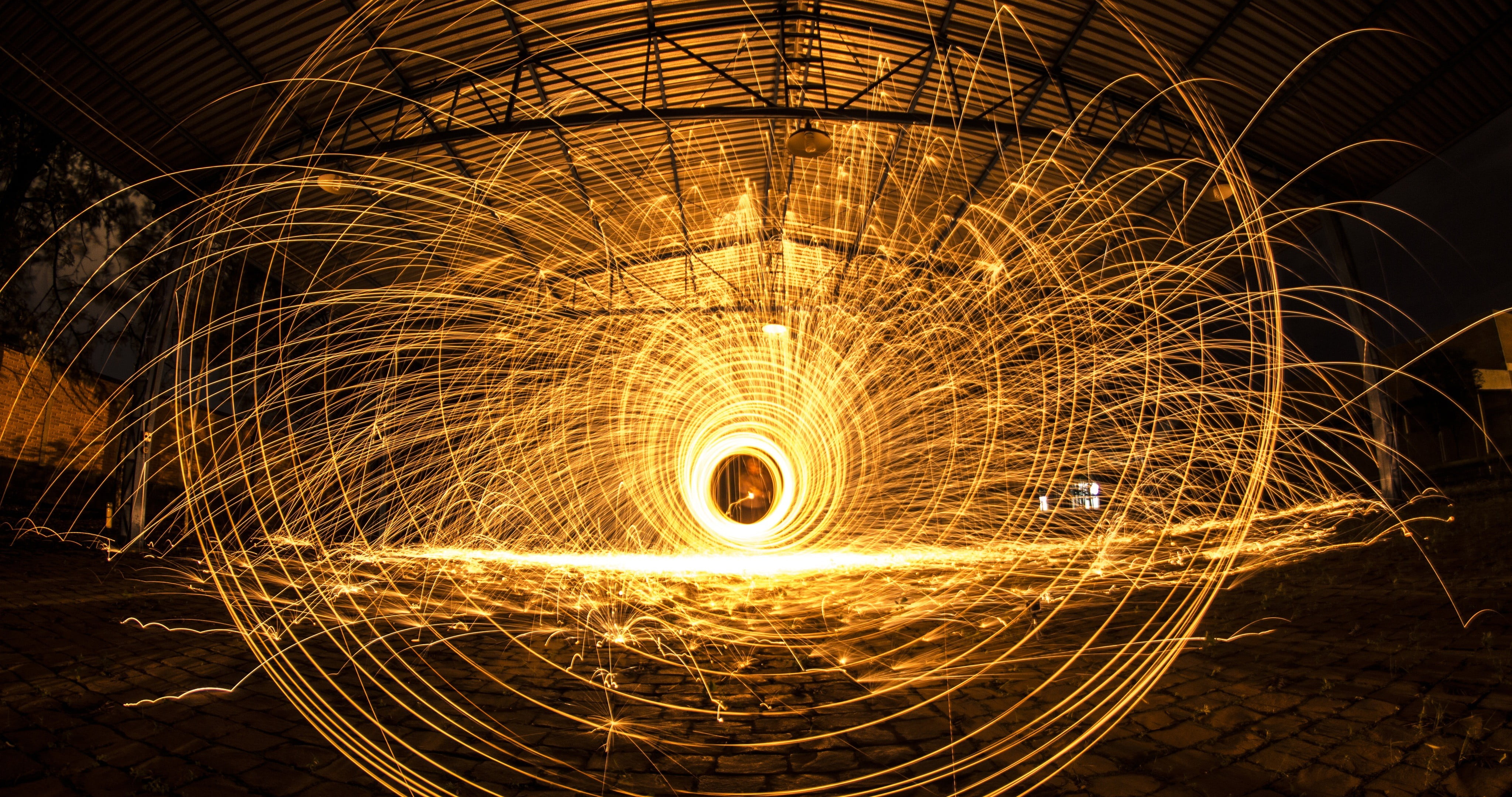 photo, light trail, pattern, 4K, firework display, wire wool, night, abstract, firework - man made object, light painting, glowing, no people, yellow, HD Wallpaper