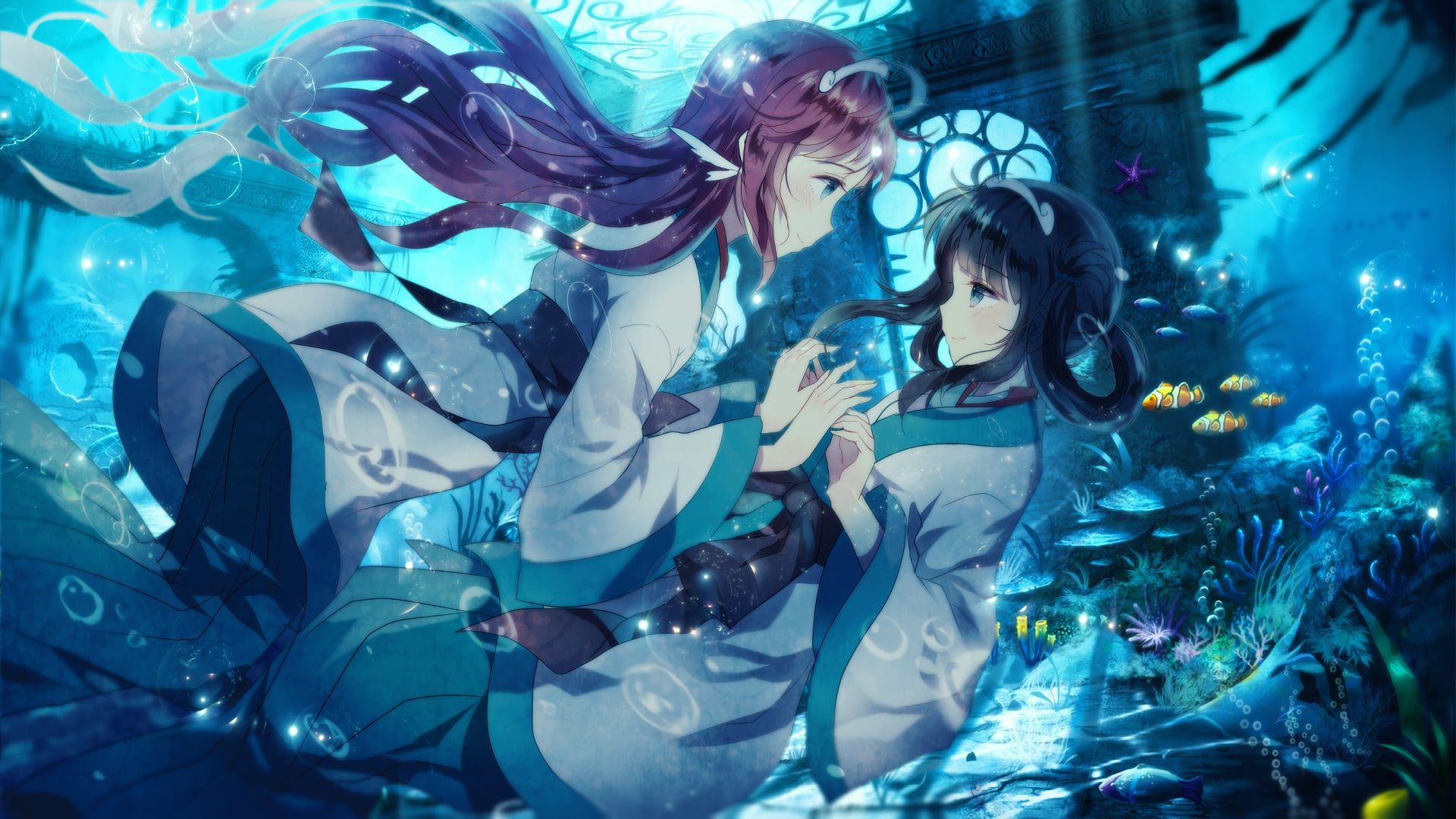 anime girls, 1080P, Shiodome Miuna, Mukaido Manaka, Manaka Mukaido, long hair, blue eyes, Nagi no Asukara, HD Wallpaper