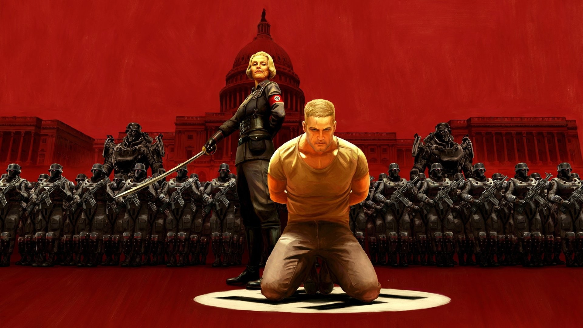 belief, human representation, sculpture, success, Wolfenstein II: The New Colossus, history, B.J. Blazkowicz, red, statue, architecture, male likeness, HD Wallpaper
