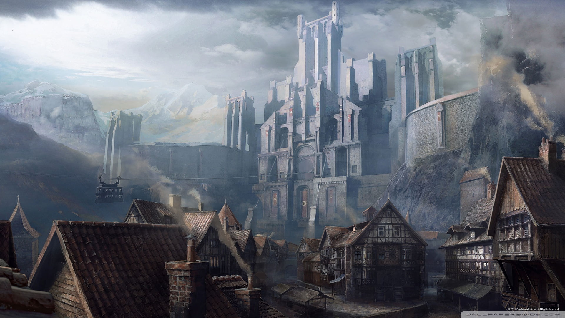 outdoors, religion, architecture, city, Wolfenstein: The Old Blood, sunlight, air pollution, building exterior, video games, cloud - sky, nature, travel destinations, HD Wallpaper